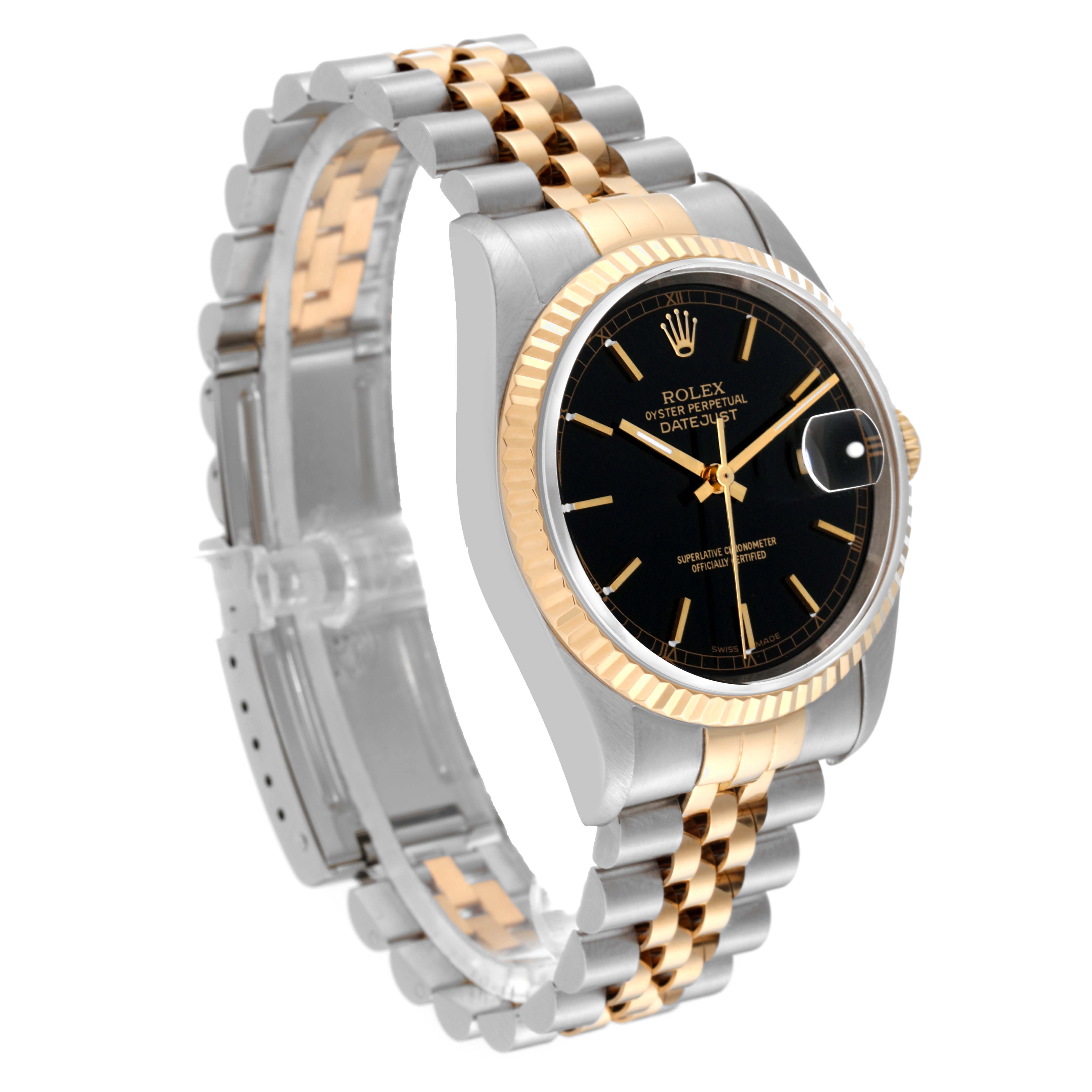 The image shows a Rolex Datejust 16233 Men's Steel and Gold (two tone) Black Dial 16233 Men's Steel and Gold (two tone) Black Dial watch at a three-quarter angle, displaying the black dial, two-tone Jubilee bracelet, and fluted bezel.