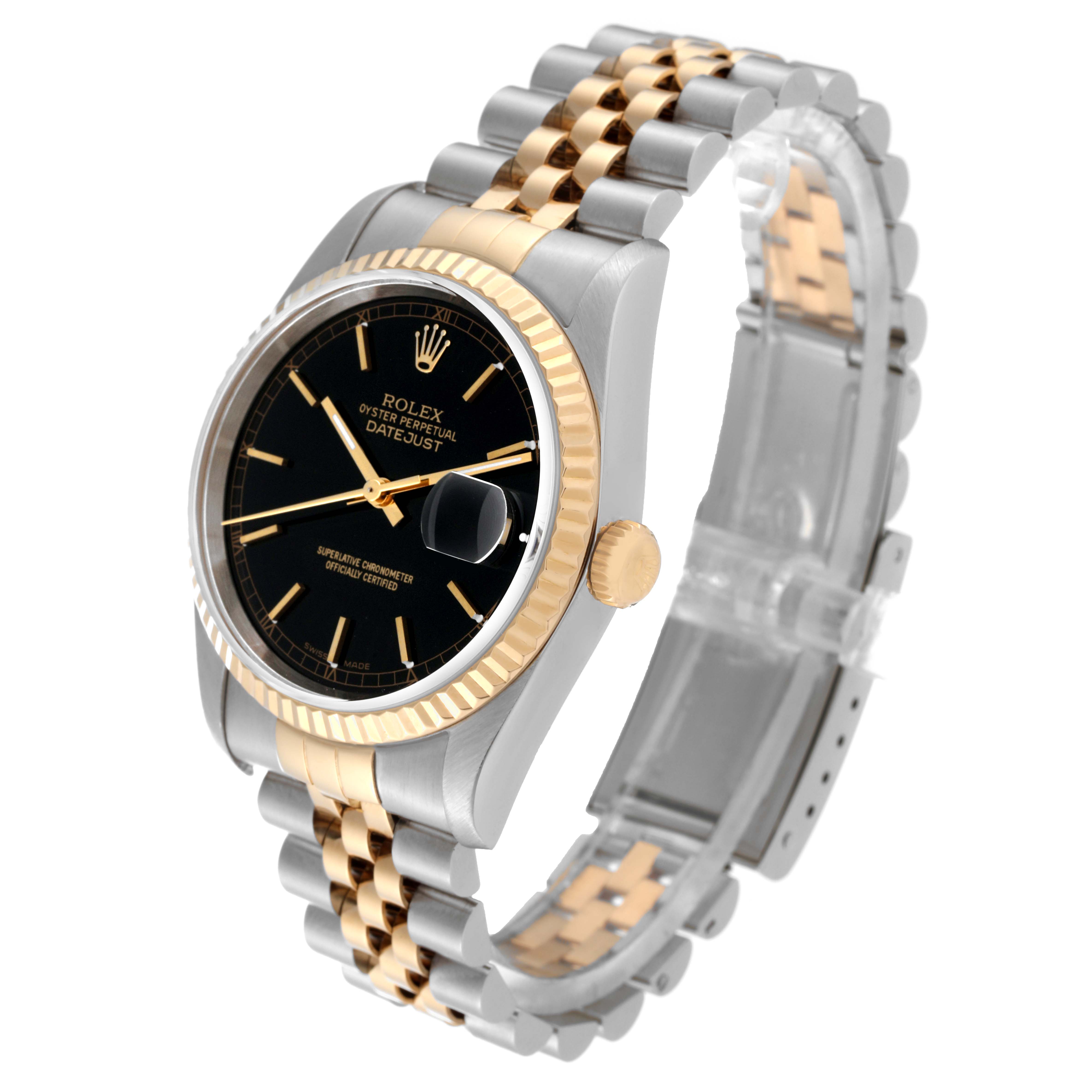 The Rolex Datejust 16233 Men's Steel and Gold (two tone) Black Dial 16233 Men's Steel and Gold (two tone) Black Dial watch is shown at a three-quarter angle, displaying the black dial, two-tone fluted bezel, and Jubilee bracelet.