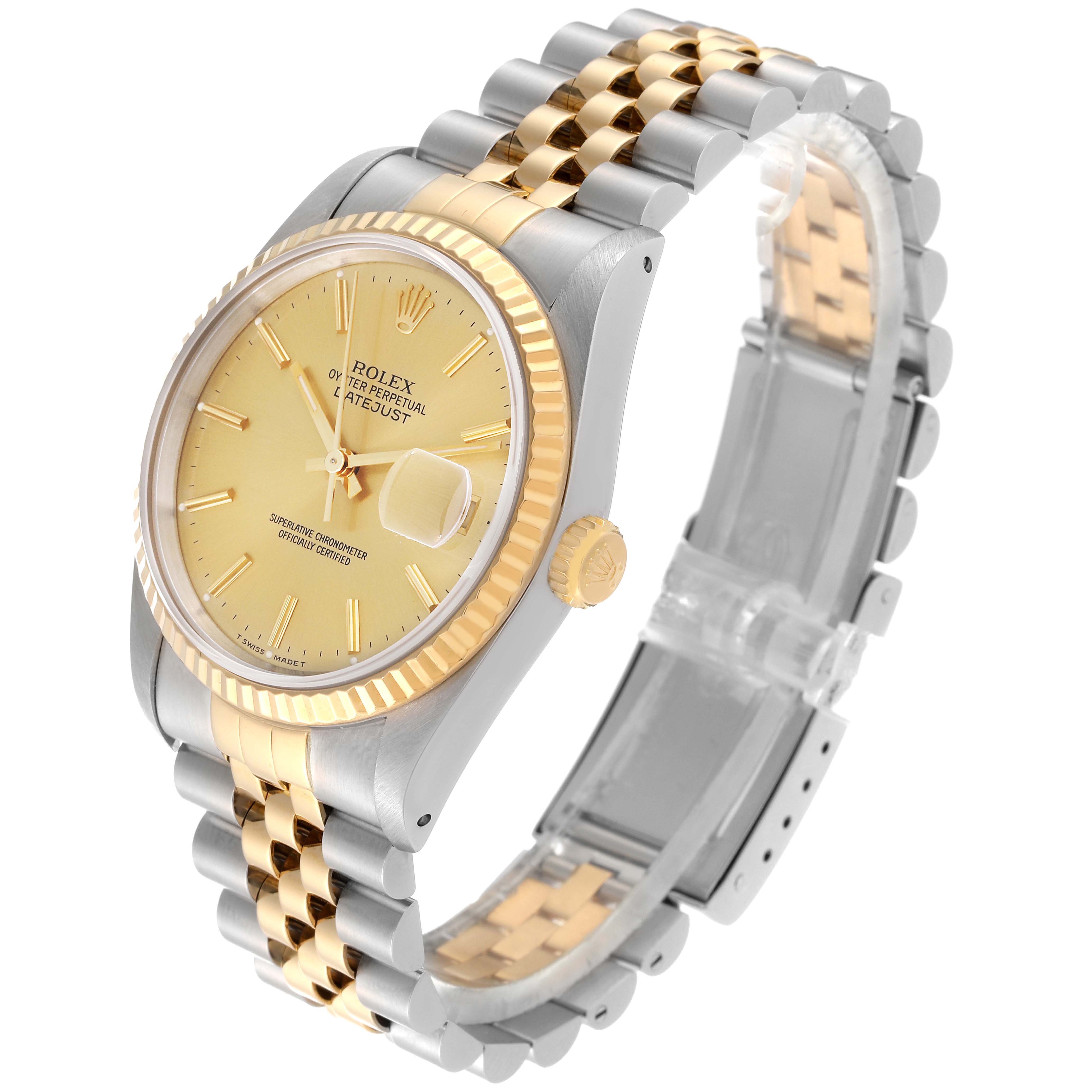 The image shows a Rolex Datejust 16233 Men's Steel and Gold (two tone) Champagne Dial 16233 Men's Steel and Gold (two tone) Champagne Dial watch at a three-quarter angle, highlighting the face, bezel, and Jubilee bracelet.
