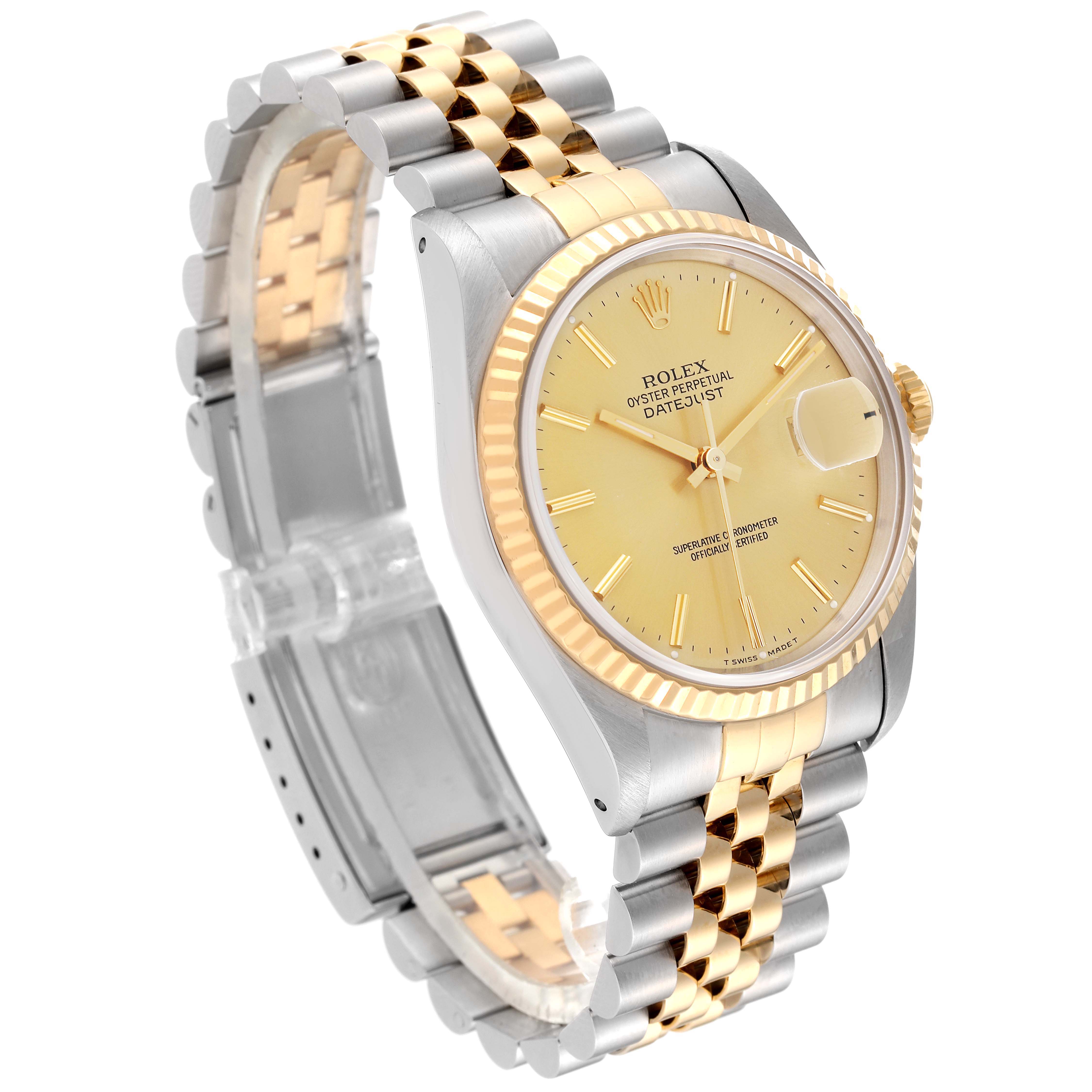 The image shows a Rolex Datejust 16233 Men's Steel and Gold (two tone) Champagne Dial 16233 Men's Steel and Gold (two tone) Champagne Dial watch at a three-quarter angle, highlighting its two-tone bracelet, fluted bezel, and champagne dial.