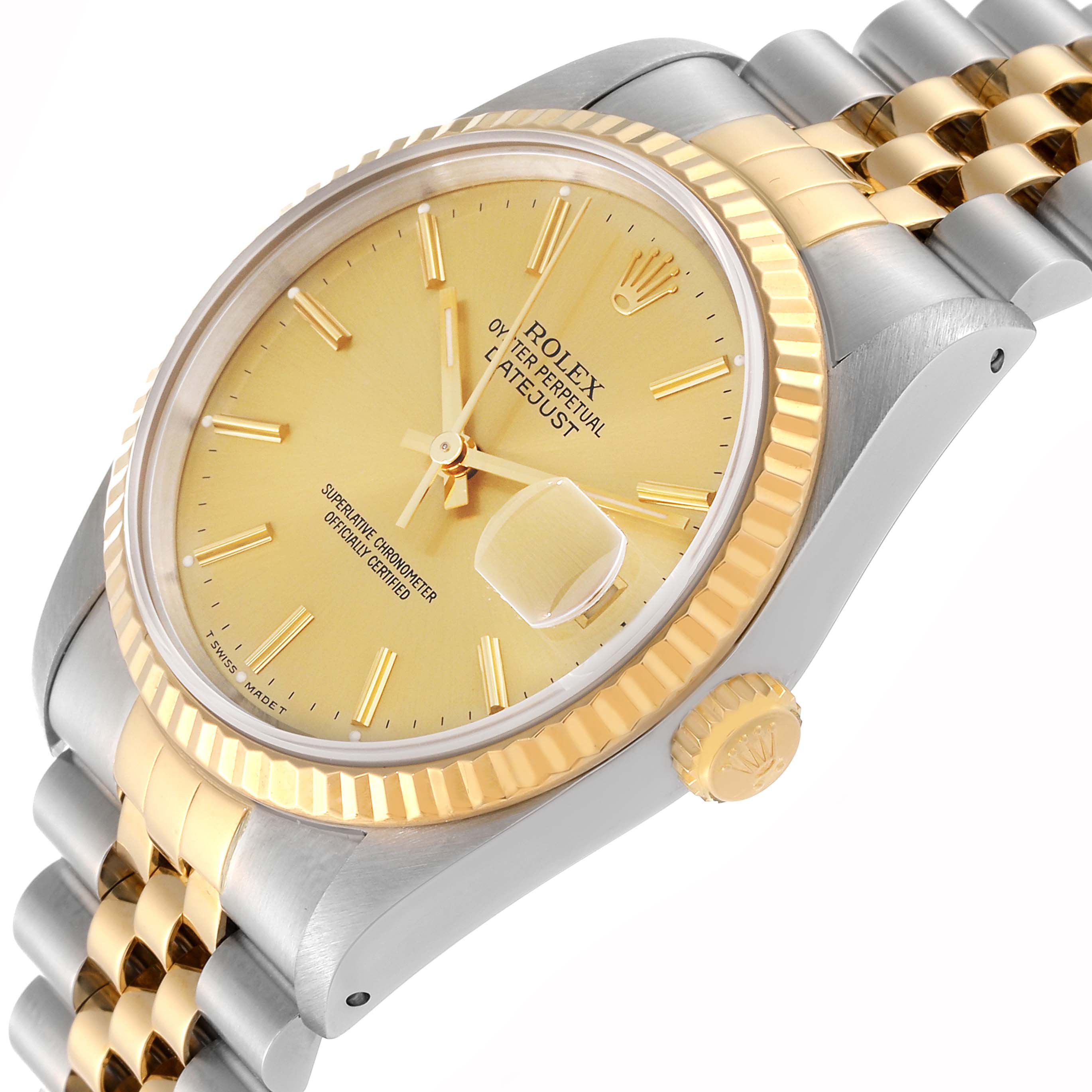 The image shows a close-up angled view of a Rolex Datejust 16233 Men's Steel and Gold (two tone) Champagne Dial 16233 Men's Steel and Gold (two tone) Champagne Dial watch, highlighting its gold dial, bezel, and two-tone bracelet.