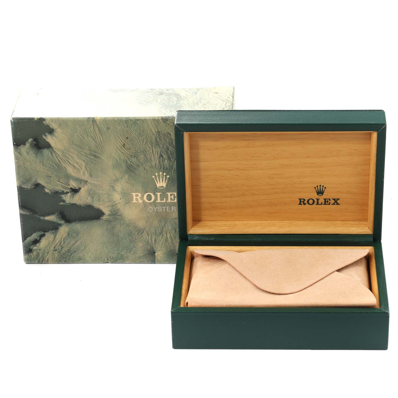 This image shows an open Rolex Datejust 16233 Men's Steel and Gold (two tone) Champagne Dial 16233 Men's Steel and Gold (two tone) Champagne Dial watch box and its green outer sleeve.