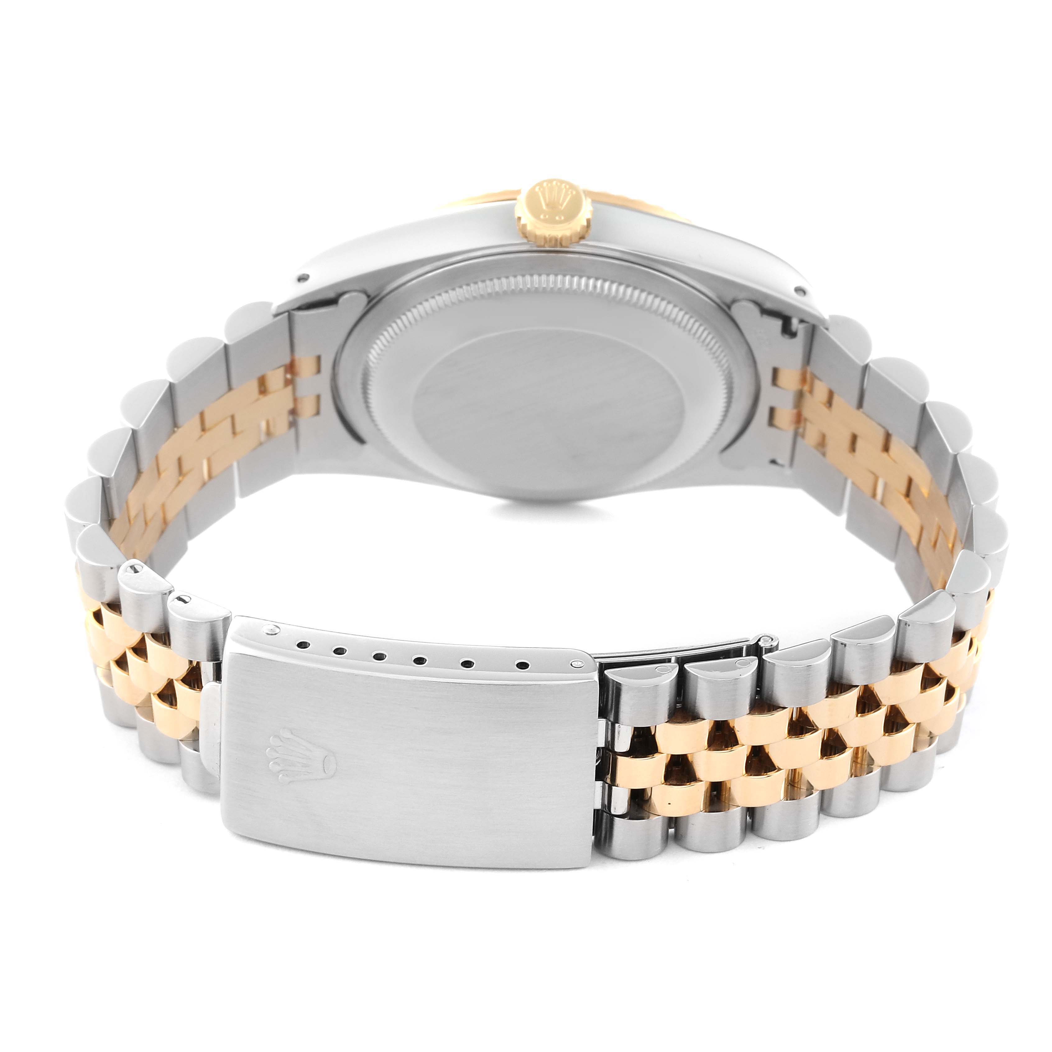 This image shows the back view of a Rolex Datejust 16233 Men's Steel and Gold (two tone) Champagne Dial 16233 Men's Steel and Gold (two tone) Champagne Dial watch, highlighting its clasp, bracelet, and case back.