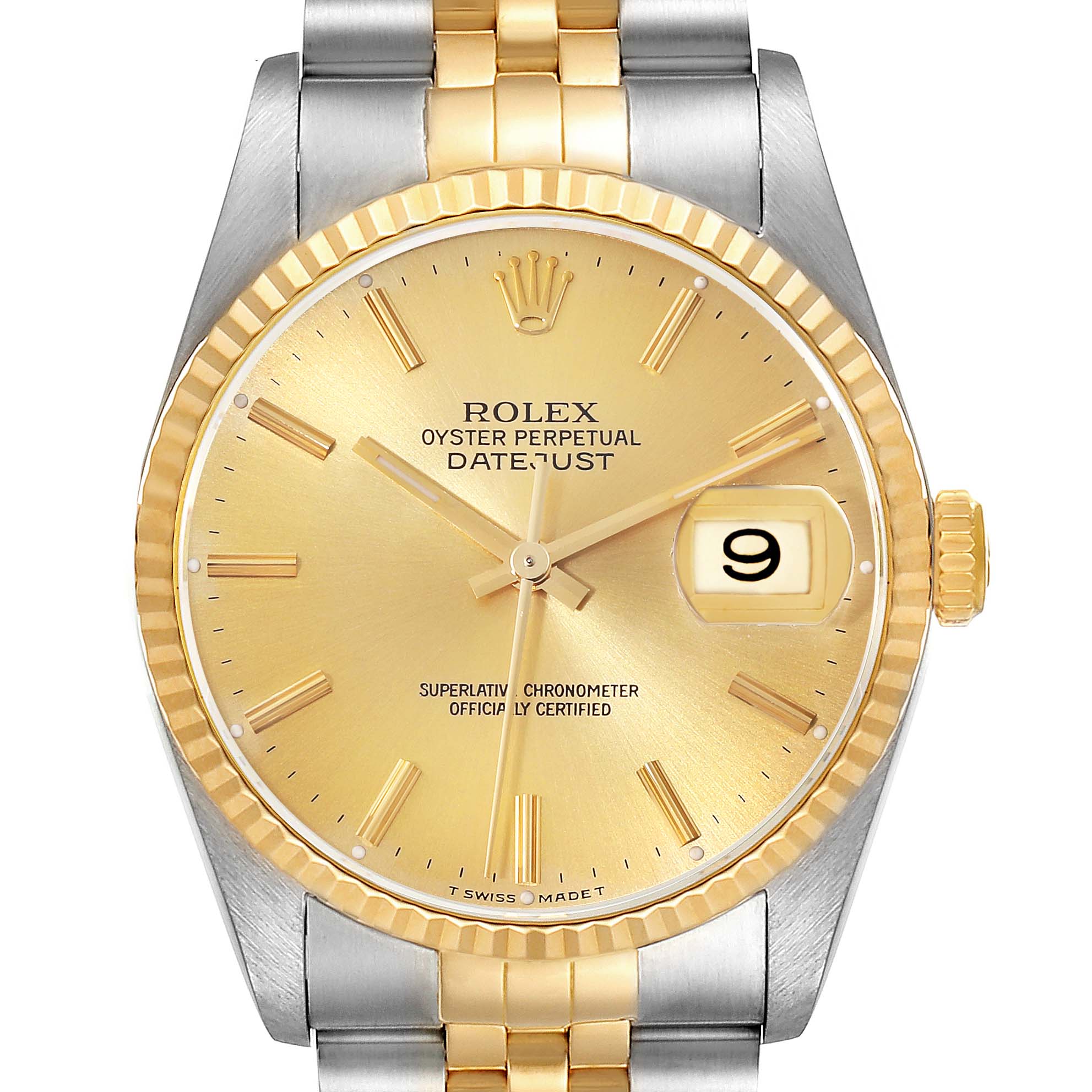 The image shows a front view of the Rolex Datejust 16233 Men's Steel and Gold (two tone) Champagne Dial 16233 Men's Steel and Gold (two tone) Champagne Dial watch, highlighting the gold dial, hands, fluted bezel, and two-tone bracelet.