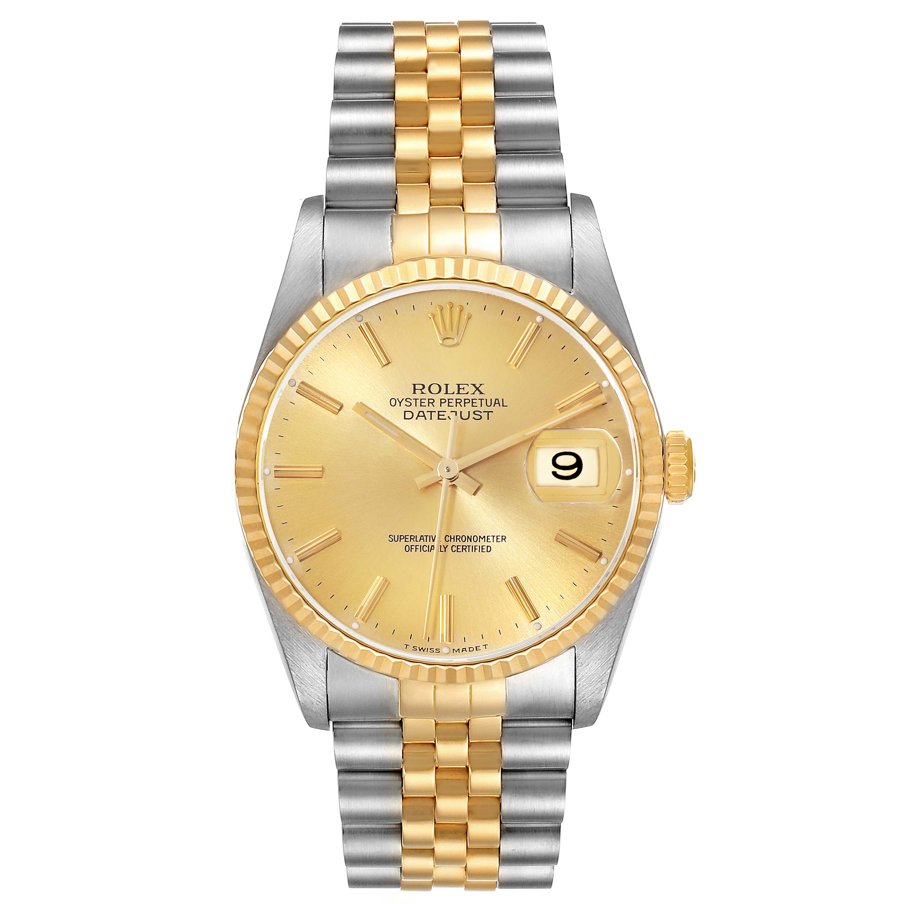 The image shows a frontal view of the Rolex Datejust 16233 Men's Steel and Gold (two tone) Champagne Dial 16233 Men's Steel and Gold (two tone) Champagne Dial watch, featuring its gold and silver bracelet, gold dial, and fluted bezel.