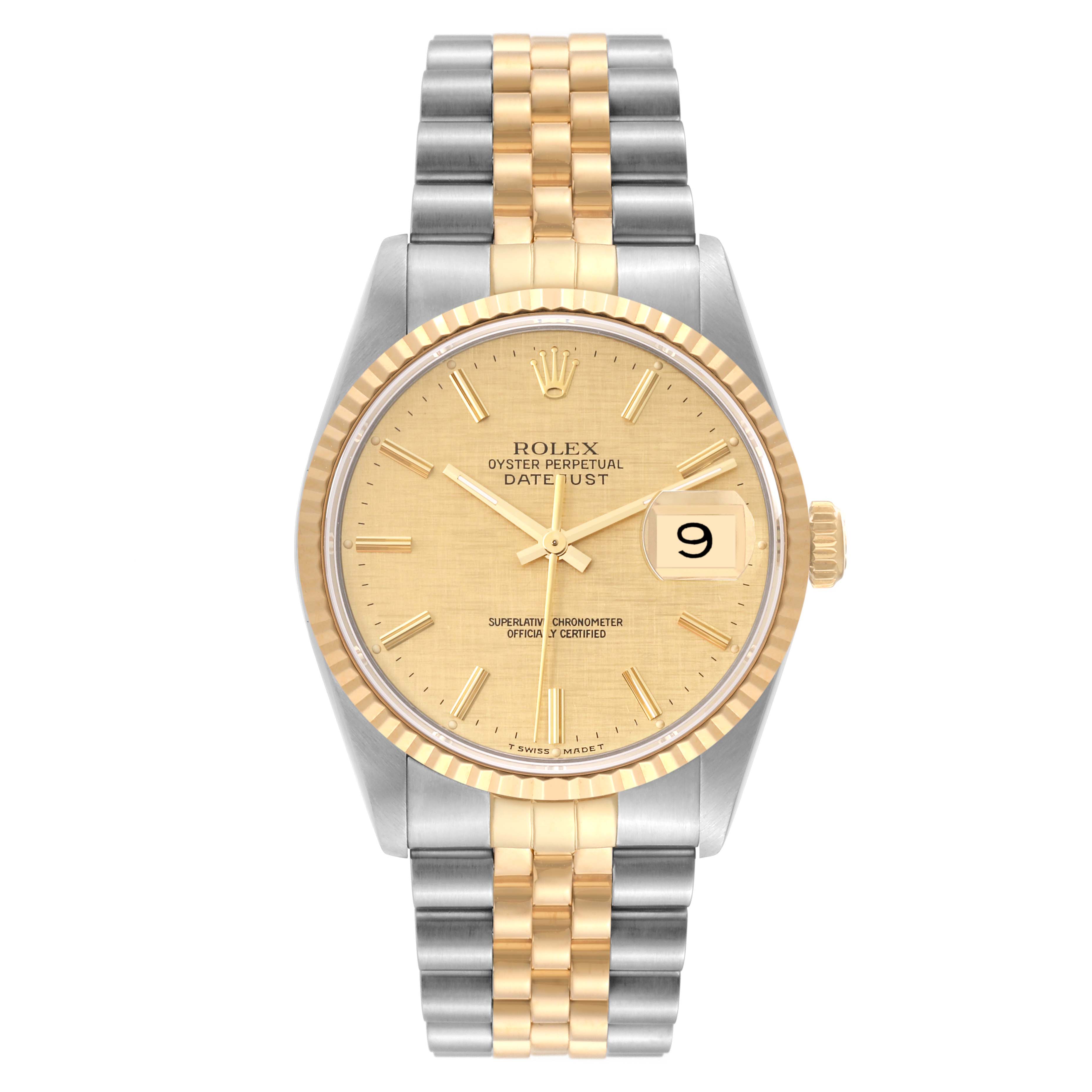 This image shows the front view of a Rolex Datejust 16233 Men's Steel and Gold (two tone) Champagne Dial 16233 Men's Steel and Gold (two tone) Champagne Dial watch, highlighting its dial, bezel, and two-tone bracelet.