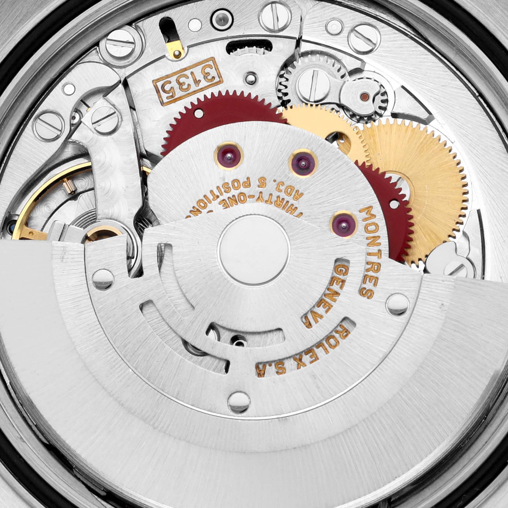 This image shows the internal mechanical movement of a Rolex Datejust 16233 Men's Steel and Gold (two tone) Champagne Dial 16233 Men's Steel and Gold (two tone) Champagne Dial watch, highlighting gears and components.