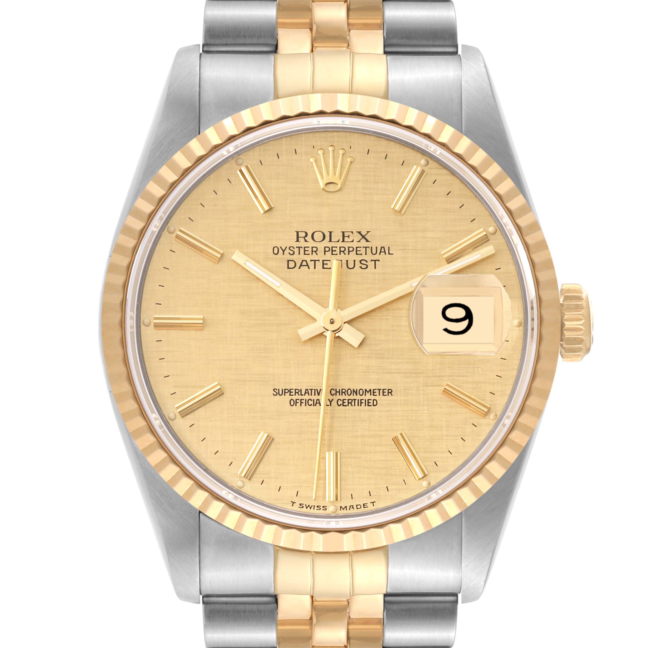 The image shows a frontal view of a Rolex Datejust 16233 Men's Steel and Gold (two tone) Champagne Dial 16233 Men's Steel and Gold (two tone) Champagne Dial watch, highlighting the dial, hands, date window, bezel, and part of the bracelet.
