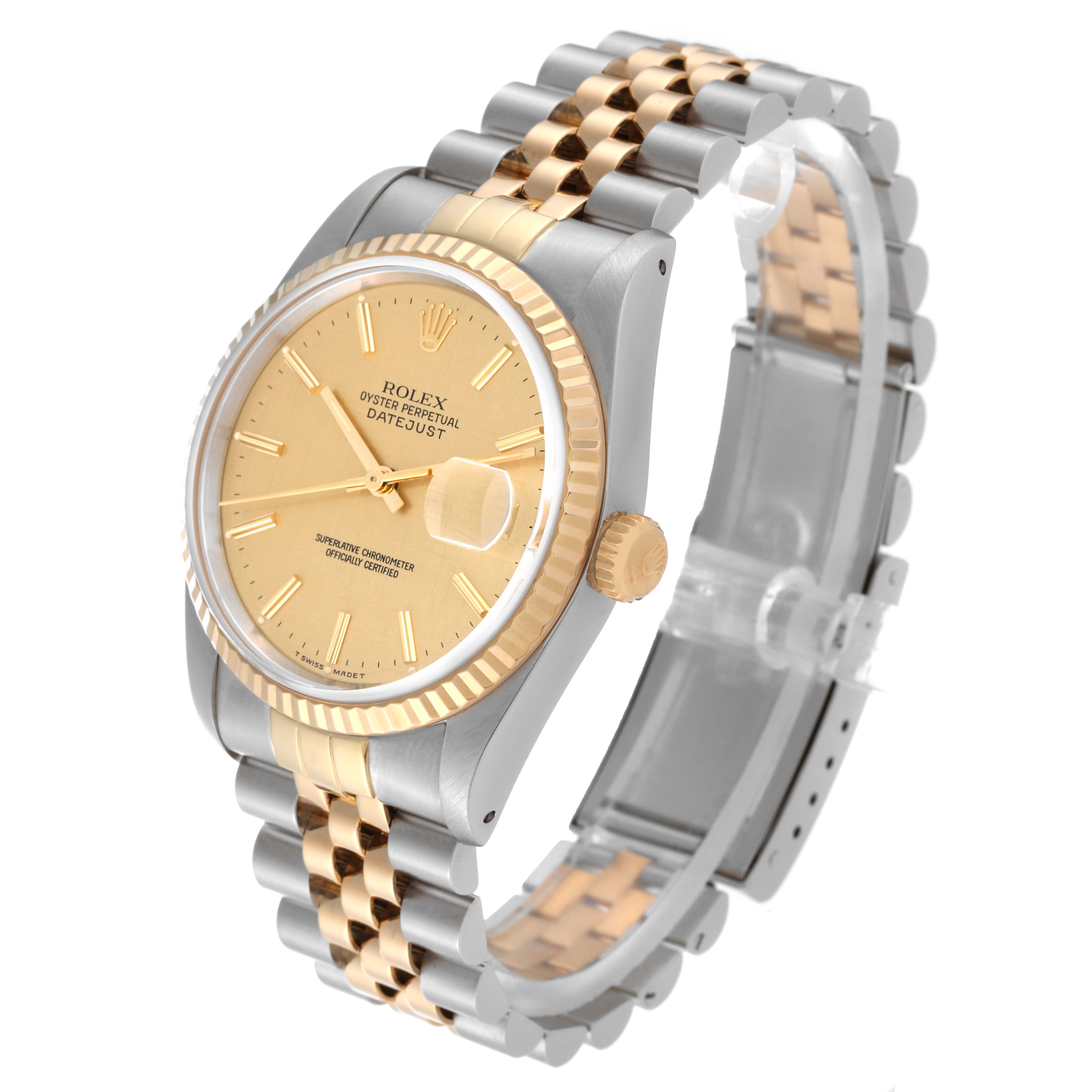 The image shows a Rolex Datejust 16233 Men's Steel and Gold (two tone) Champagne Dial 16233 Men's Steel and Gold (two tone) Champagne Dial watch from a 3/4 angle, highlighting the gold and silver bracelet, gold bezel, and gold dial.