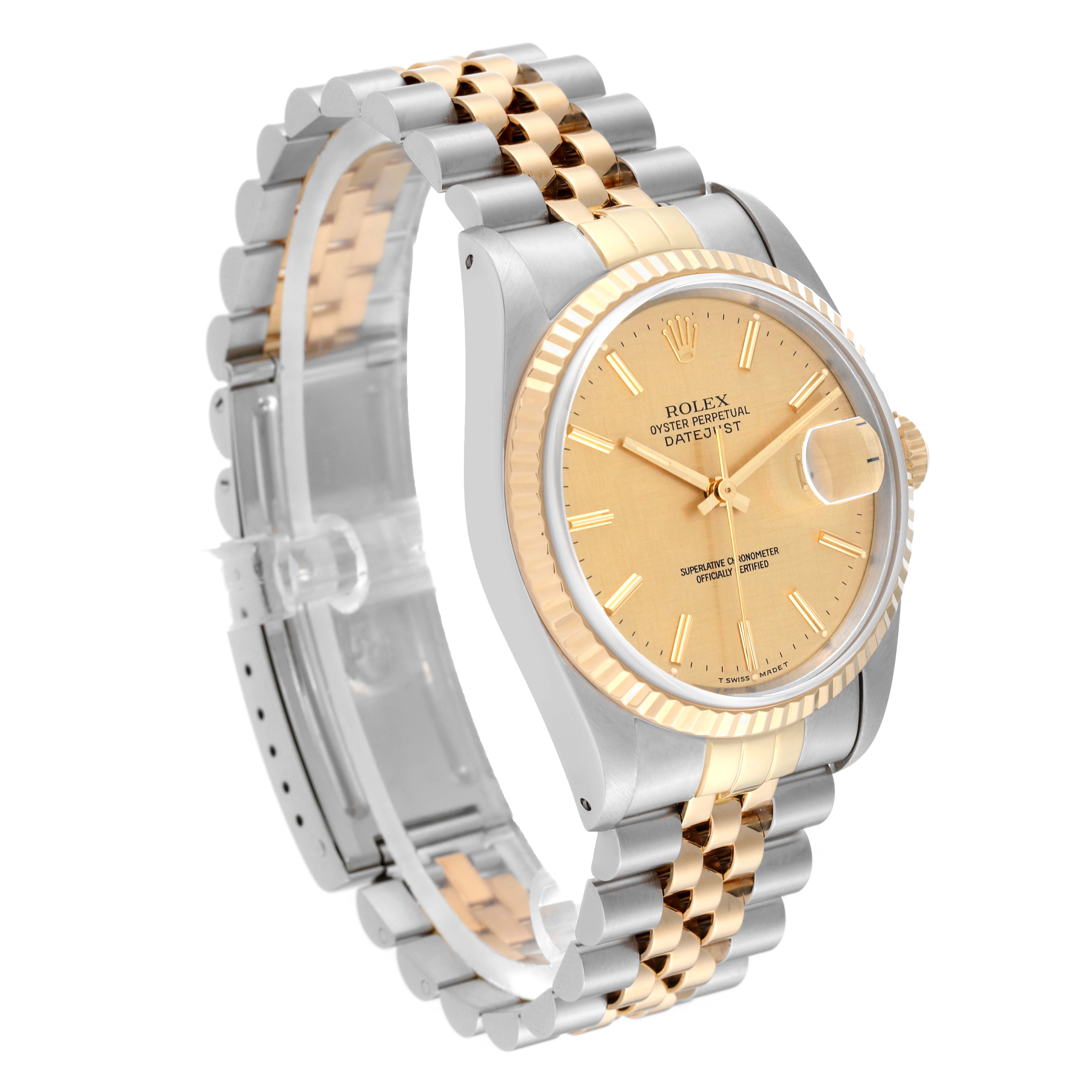 The image shows a Rolex Datejust 16233 Men's Steel and Gold (two tone) Champagne Dial 16233 Men's Steel and Gold (two tone) Champagne Dial watch at an angle, highlighting its face, bezel, and two-tone bracelet.