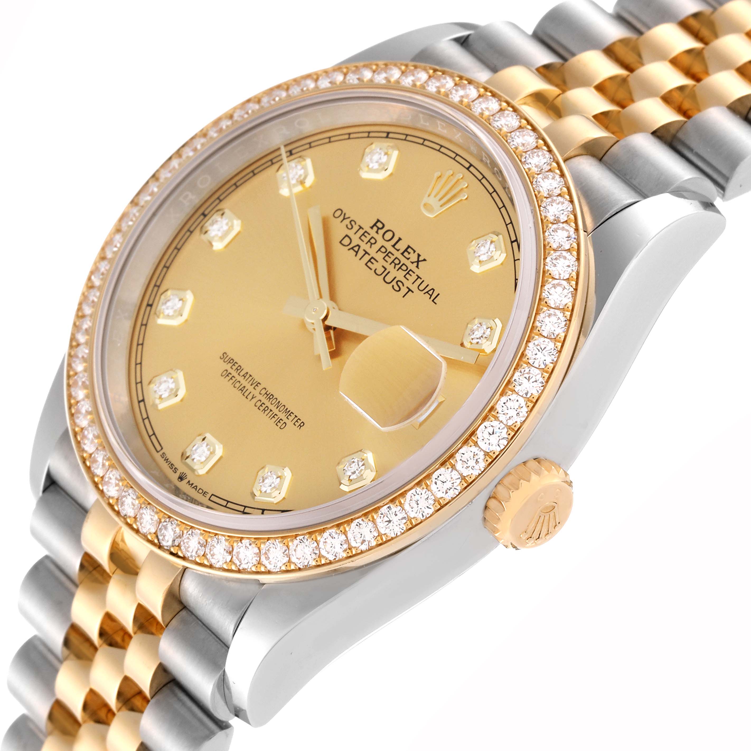 The image shows a close-up of a Rolex Datejust M126283RBR-0003 Men's Steel and Gold (two tone) Champagne Dial M126283RBR-0003 Men's Steel and Gold (two tone) Champagne Dial watch displaying the dial, bezel, crown, and part of the bracelet.