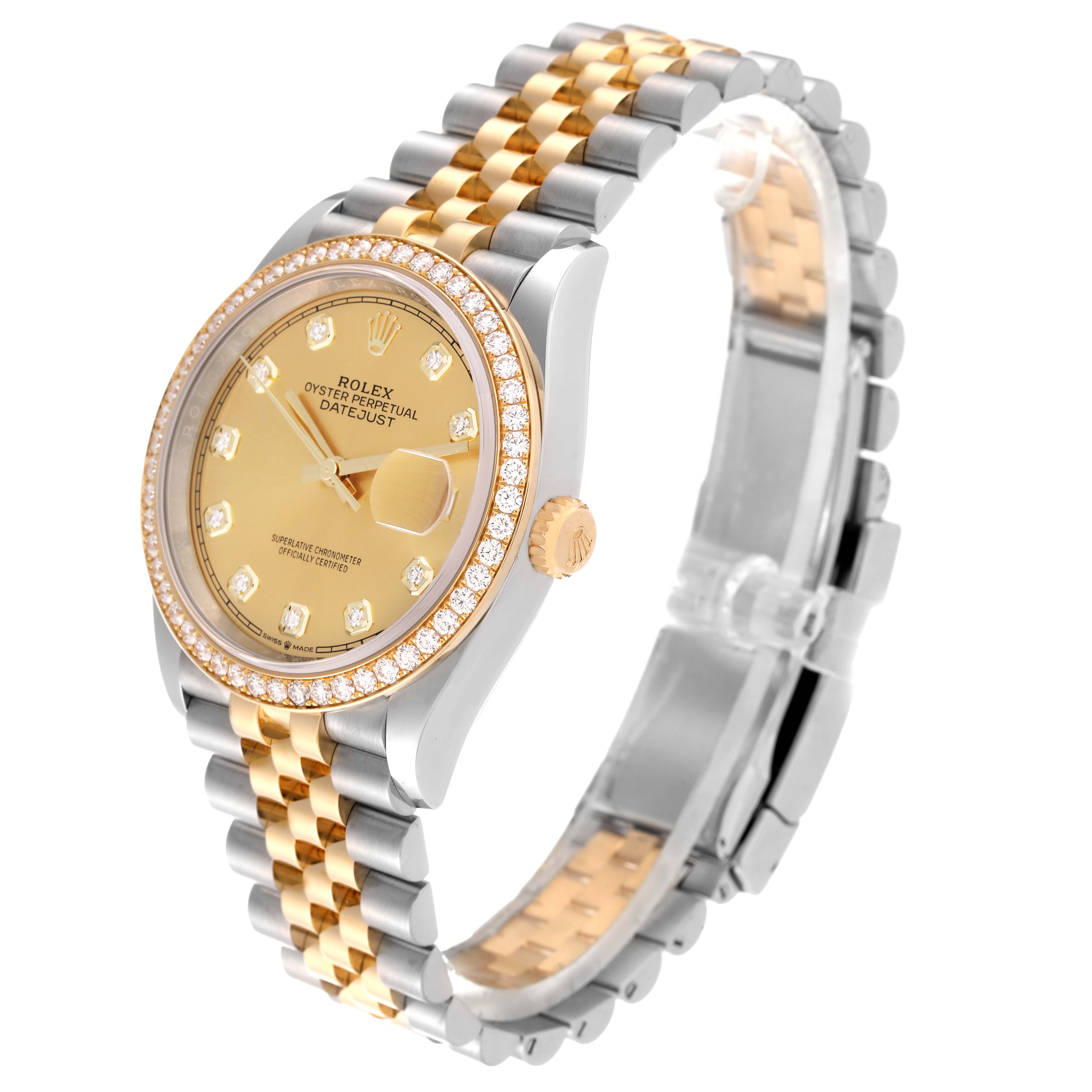 The image shows a Rolex Datejust M126283RBR-0003 Men's Steel and Gold (two tone) Champagne Dial M126283RBR-0003 Men's Steel and Gold (two tone) Champagne Dial watch at an angled side view, highlighting its jubilee bracelet, fluted bezel, and champagne dial.