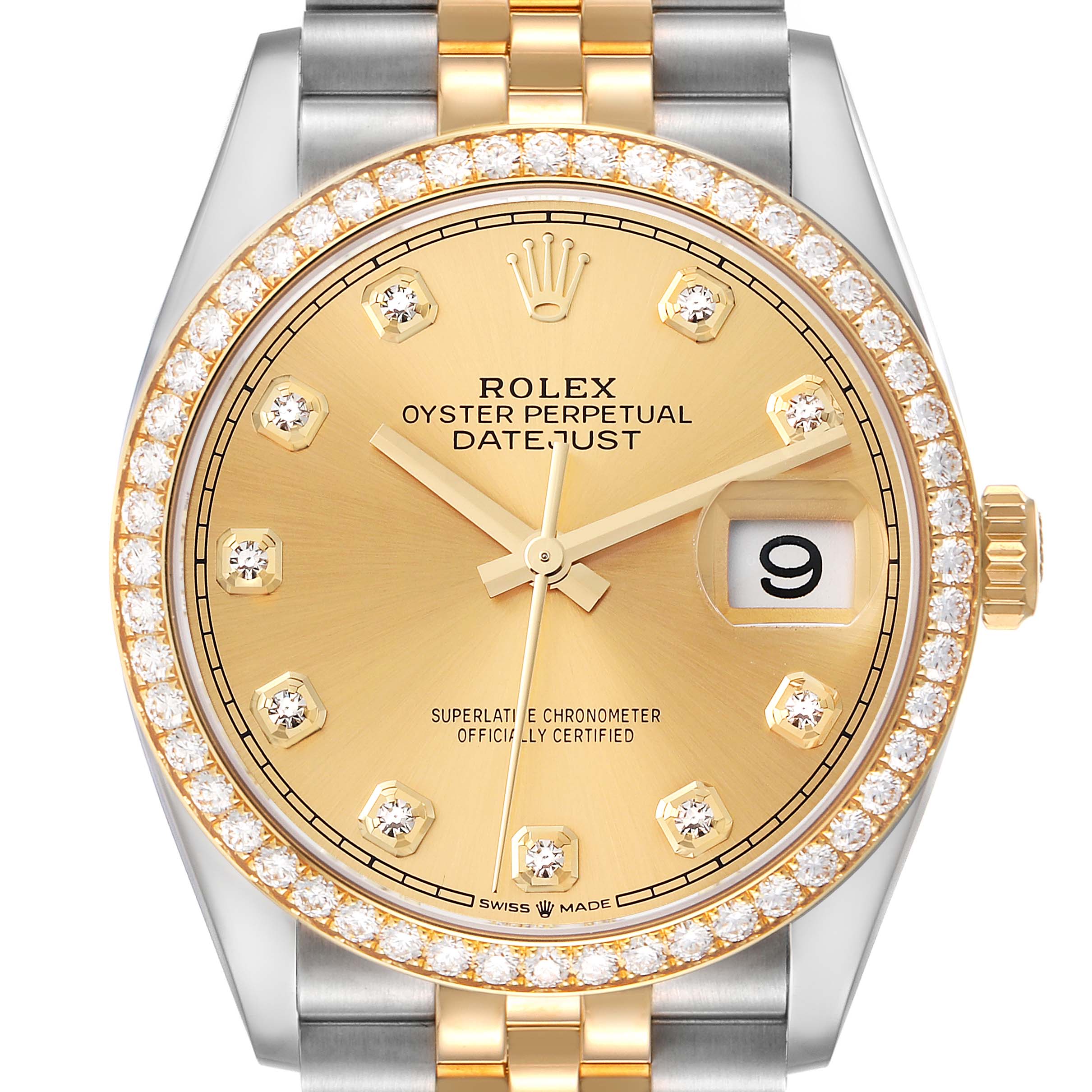 The Rolex Datejust M126283RBR-0003 Men's Steel and Gold (two tone) Champagne Dial M126283RBR-0003 Men's Steel and Gold (two tone) Champagne Dial watch is shown from a front angle, displaying its gold dial, diamond hour markers, and silver-gold bracelet.