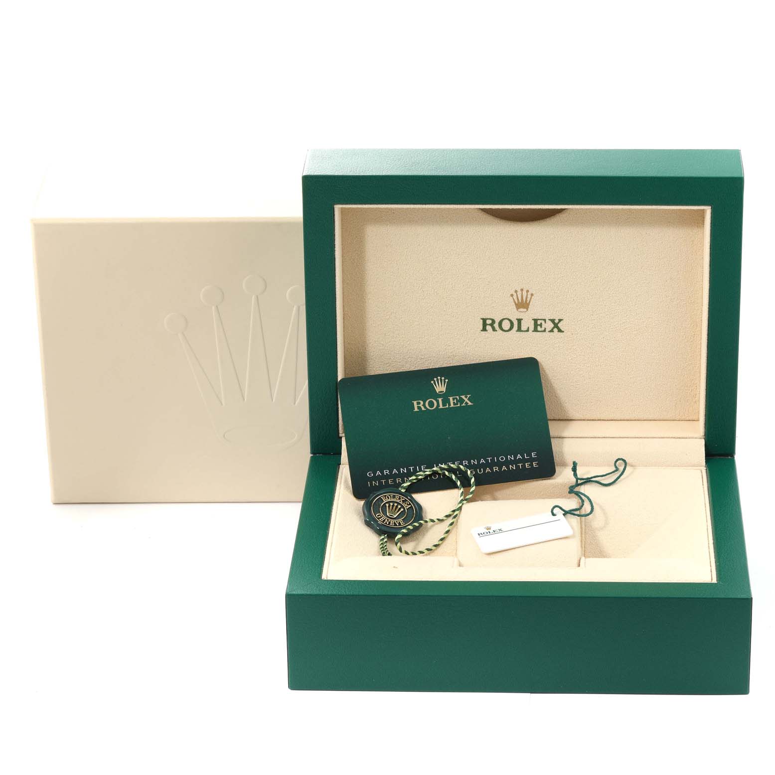The image shows the open box for a Rolex Datejust M126283RBR-0003 Men's Steel and Gold (two tone) Champagne Dial M126283RBR-0003 Men's Steel and Gold (two tone) Champagne Dial watch, including a green warranty card, tags, and protective packaging.