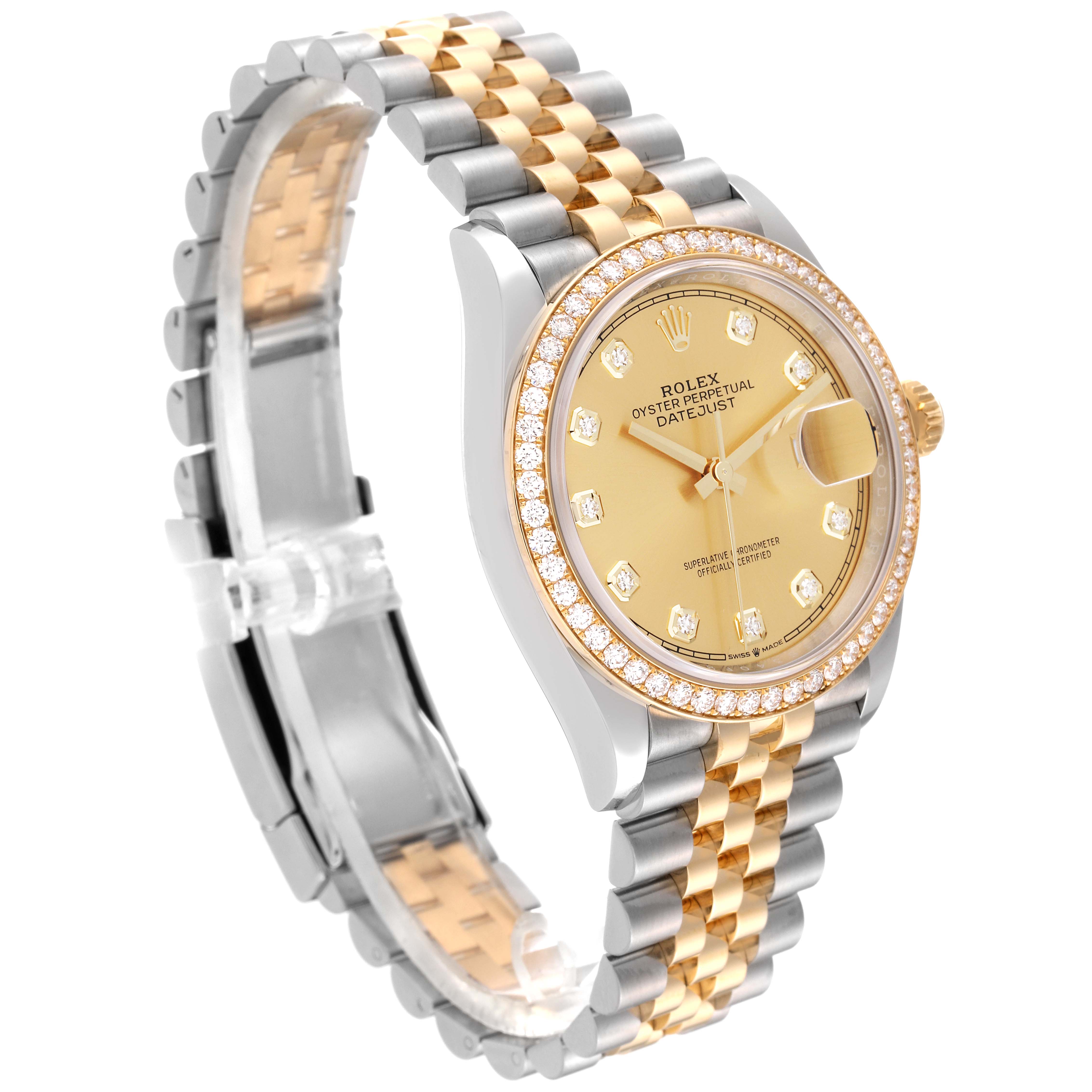 The image shows a Rolex Datejust M126283RBR-0003 Men's Steel and Gold (two tone) Champagne Dial M126283RBR-0003 Men's Steel and Gold (two tone) Champagne Dial watch at a three-quarter front angle, highlighting the face, bezel, and bracelet.
