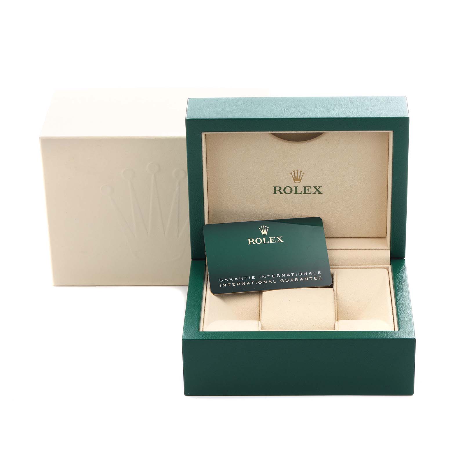 The image shows an open Rolex Datejust 41 126300 Men's Stainless Steel Black Dial 126300 Men's Stainless Steel Black Dial watch box with a guarantee card inside.