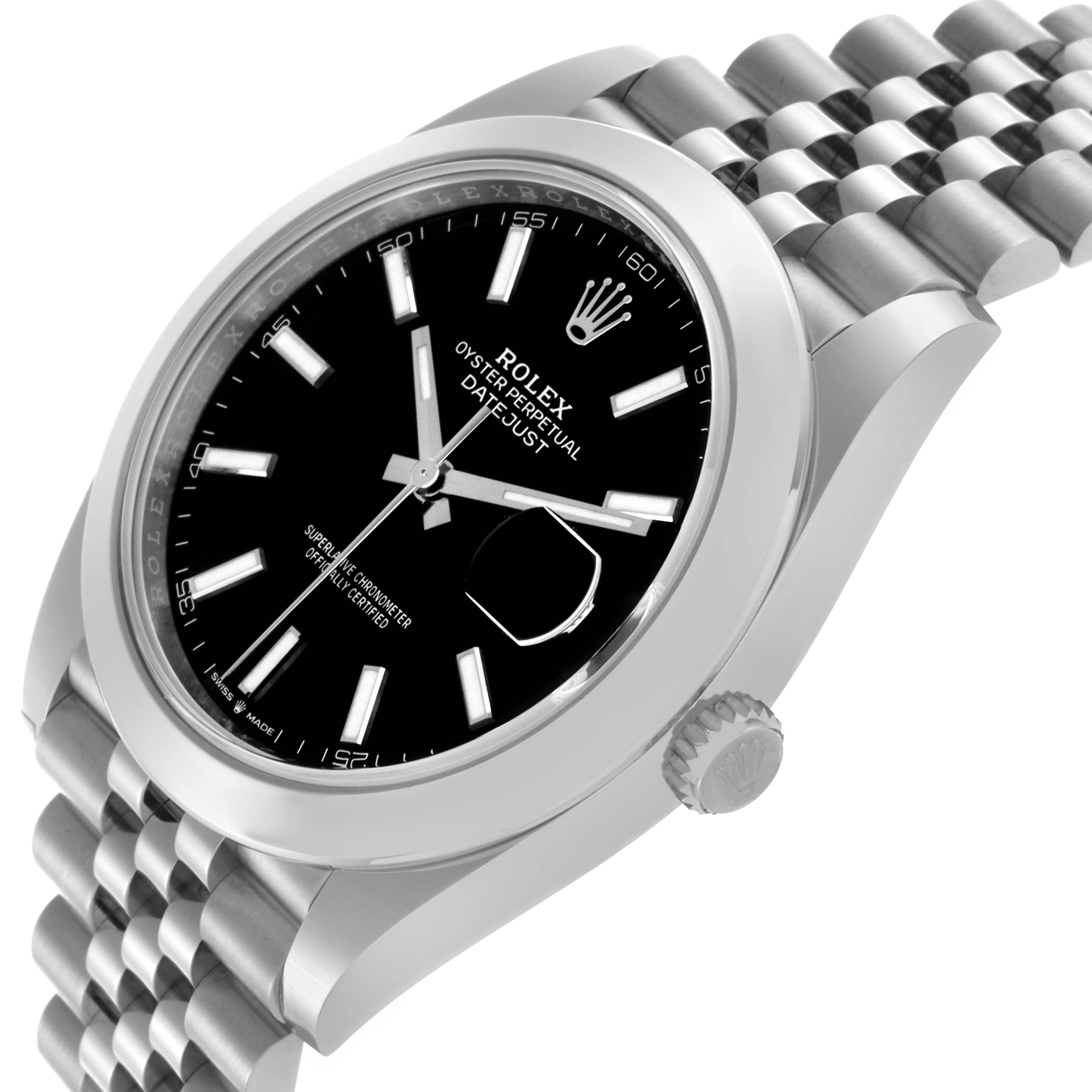 The Rolex Datejust 41 126300 Men's Stainless Steel Black Dial 126300 Men's Stainless Steel Black Dial watch is shown in a three-quarter angle, highlighting the black dial, bezel, case, crown, and Jubilee bracelet.
