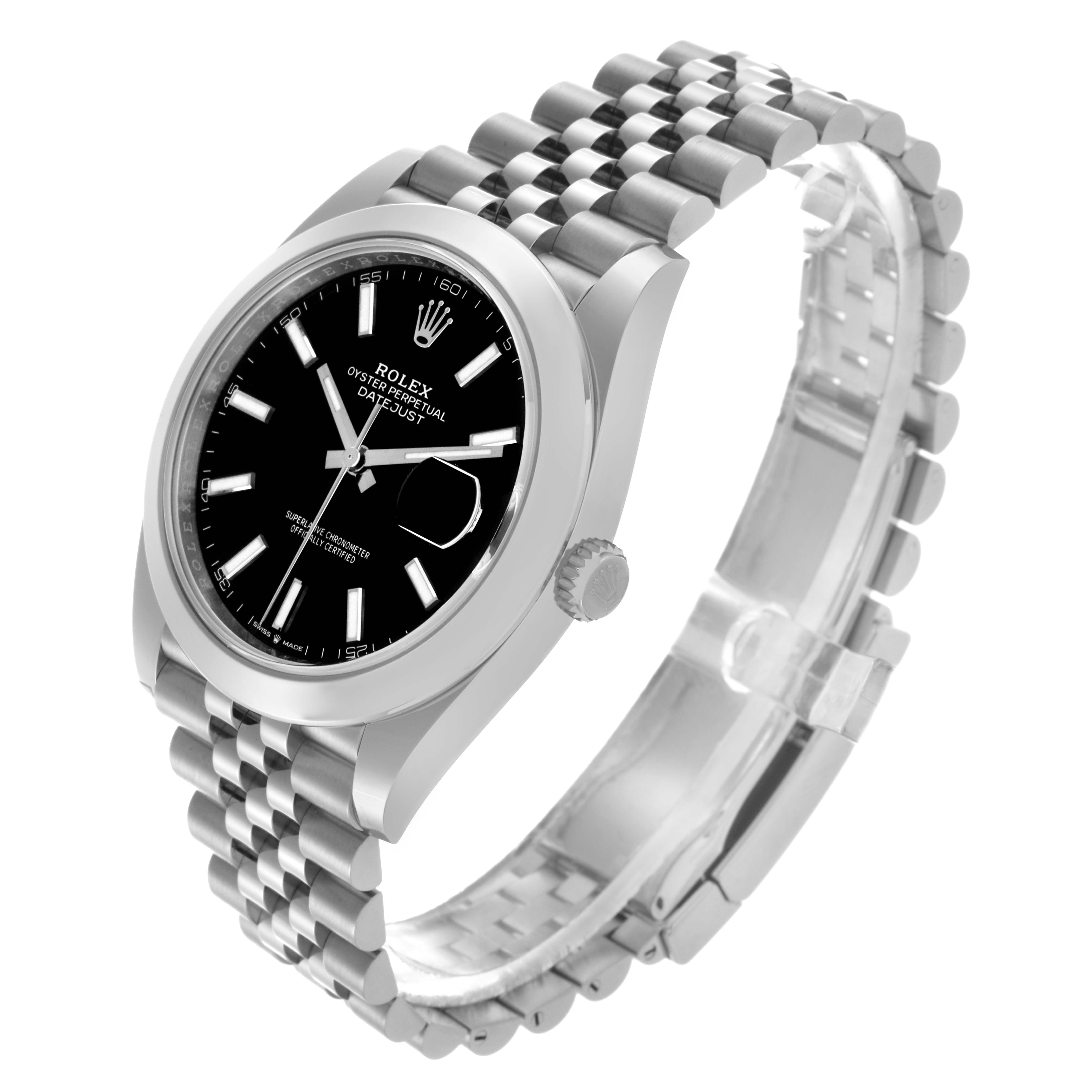 The Rolex Datejust 41 126300 Men's Stainless Steel Black Dial 126300 Men's Stainless Steel Black Dial watch is shown at a slight angle displaying the face, bezel, crown, and part of the bracelet.