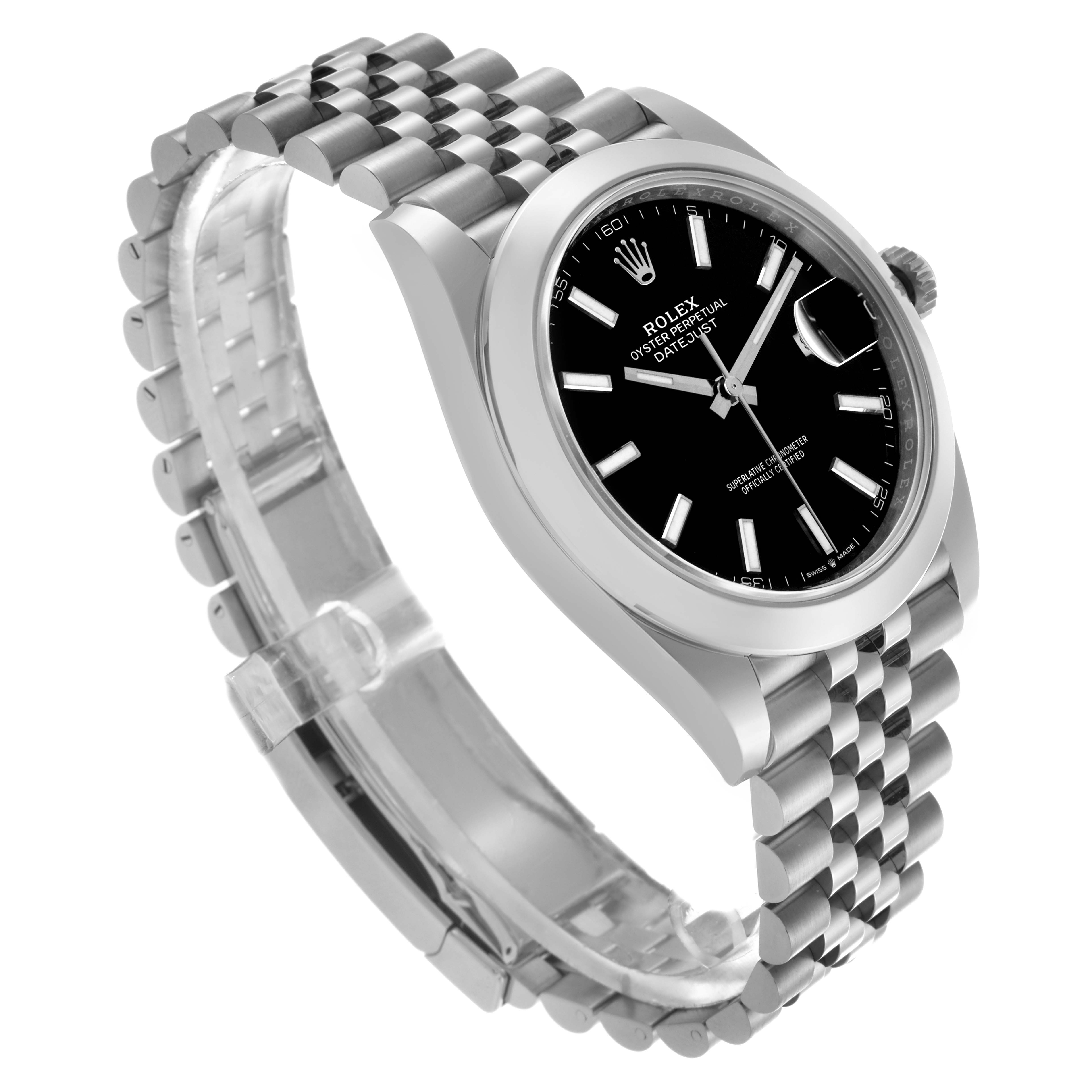 The Rolex Datejust 41 126300 Men's Stainless Steel Black Dial 126300 Men's Stainless Steel Black Dial is shown at a three-quarter angle, highlighting the black dial, jubilee bracelet, and cyclops lens.