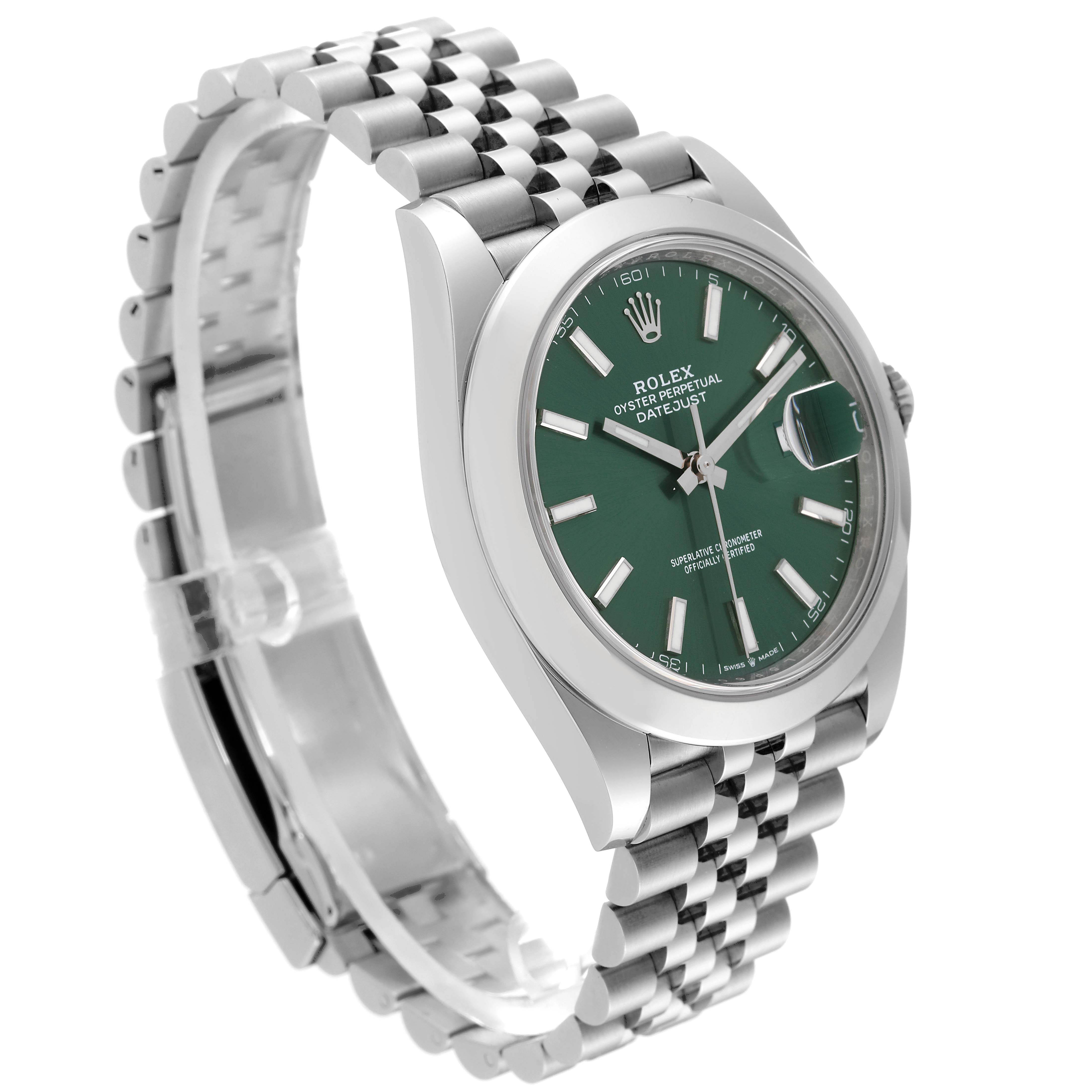 The image shows a Rolex Datejust 41 126300 Men's Stainless Steel Green Dial 126300 Men's Stainless Steel Green Dial watch angled to display its green dial, stainless steel case, and Jubilee bracelet.