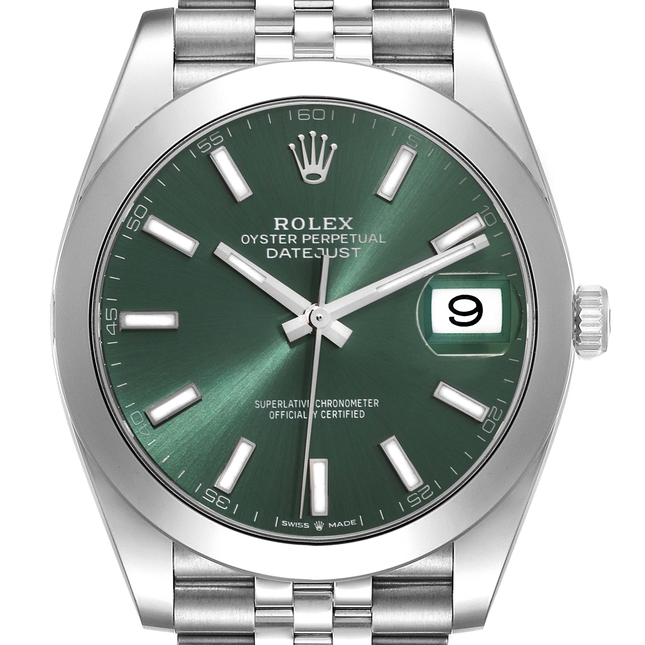 The image shows a frontal view of a Rolex Datejust 41 126300 Men's Stainless Steel Green Dial 126300 Men's Stainless Steel Green Dial watch with a green dial and a Jubilee bracelet.