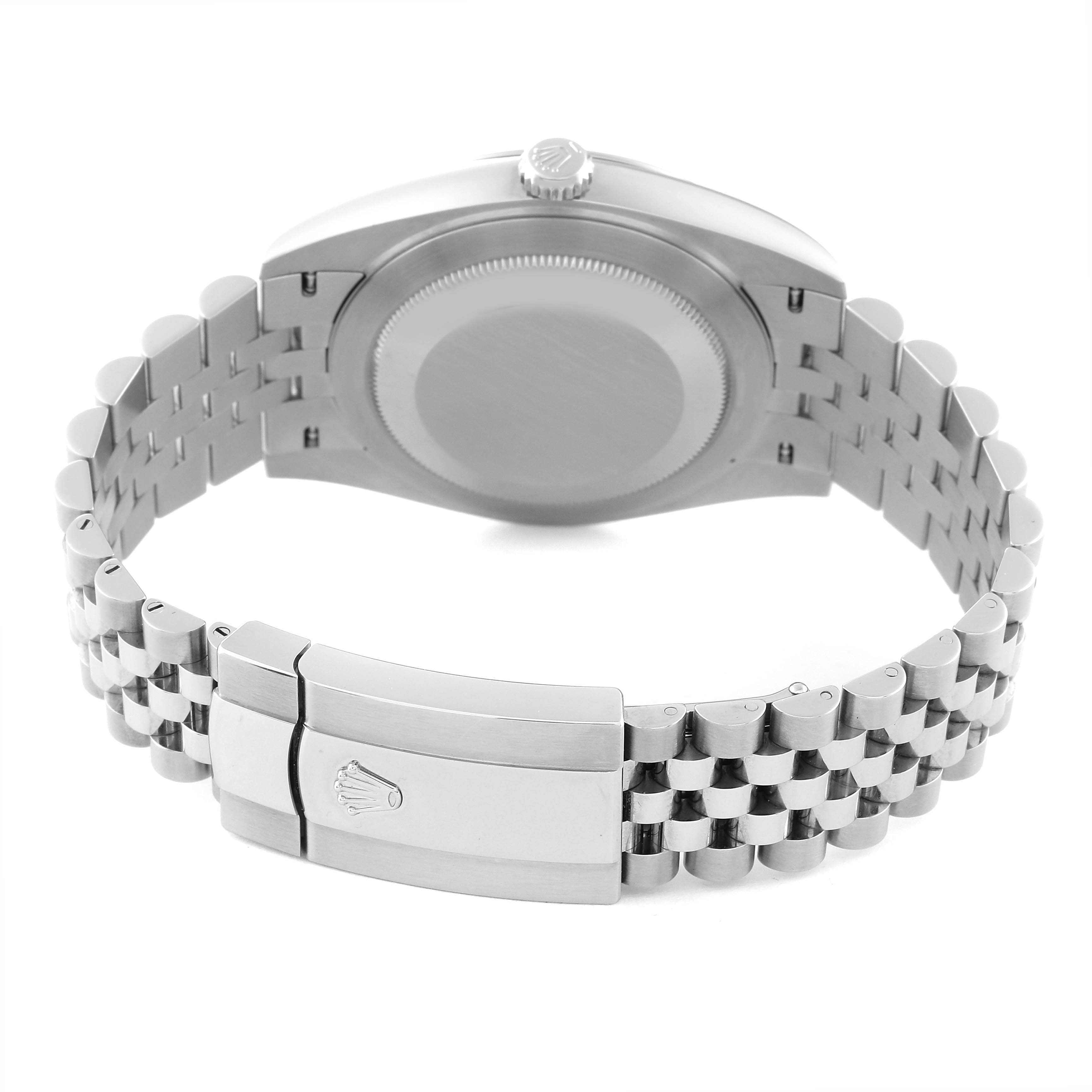 The image shows a rear view of the Rolex Datejust 41 126300 Men's Stainless Steel Green Dial 126300 Men's Stainless Steel Green Dial watch, focusing on the case back and bracelet clasp.