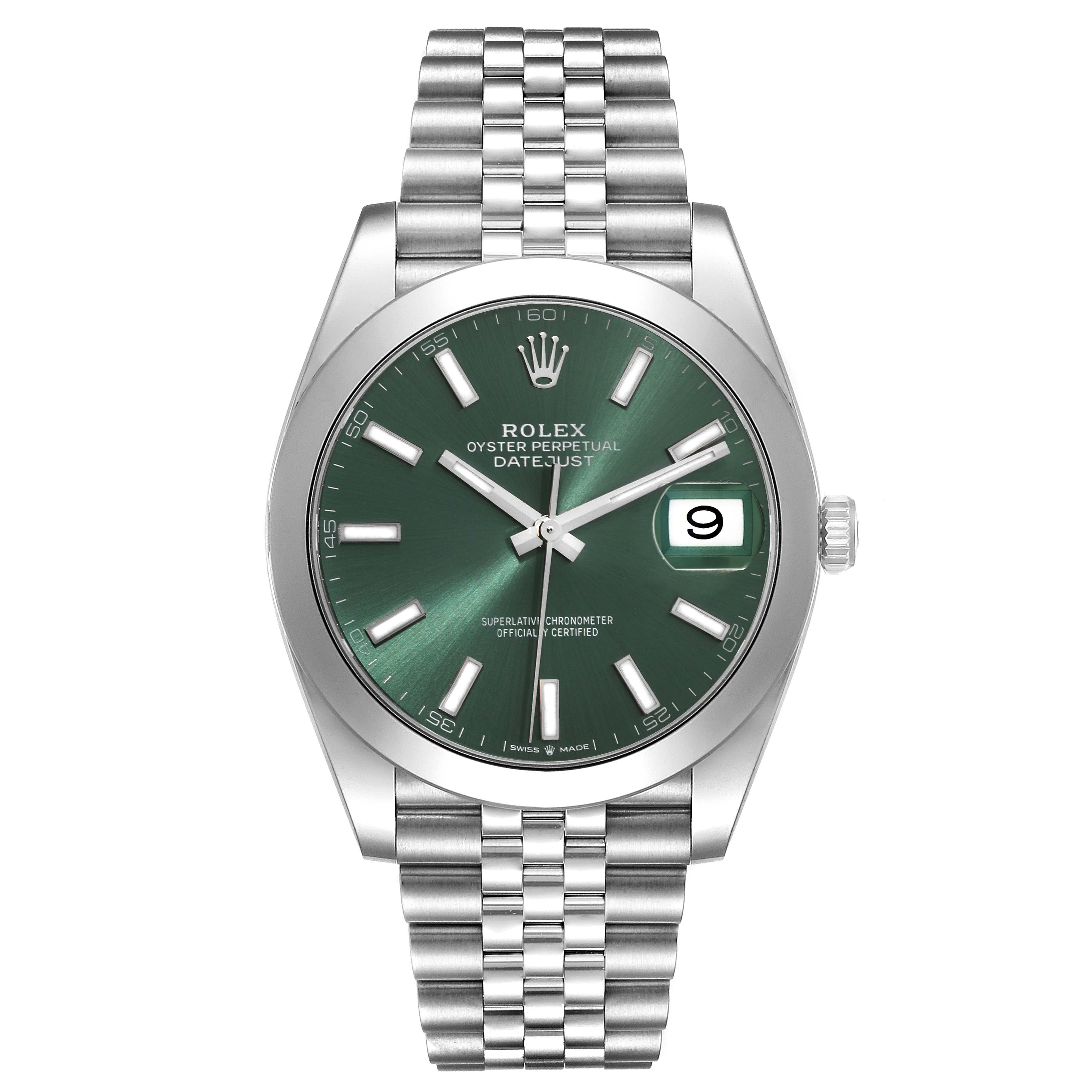 The image shows a front view of the Rolex Datejust 41 126300 Men's Stainless Steel Green Dial 126300 Men's Stainless Steel Green Dial, highlighting the green dial, date window, and jubilee bracelet.