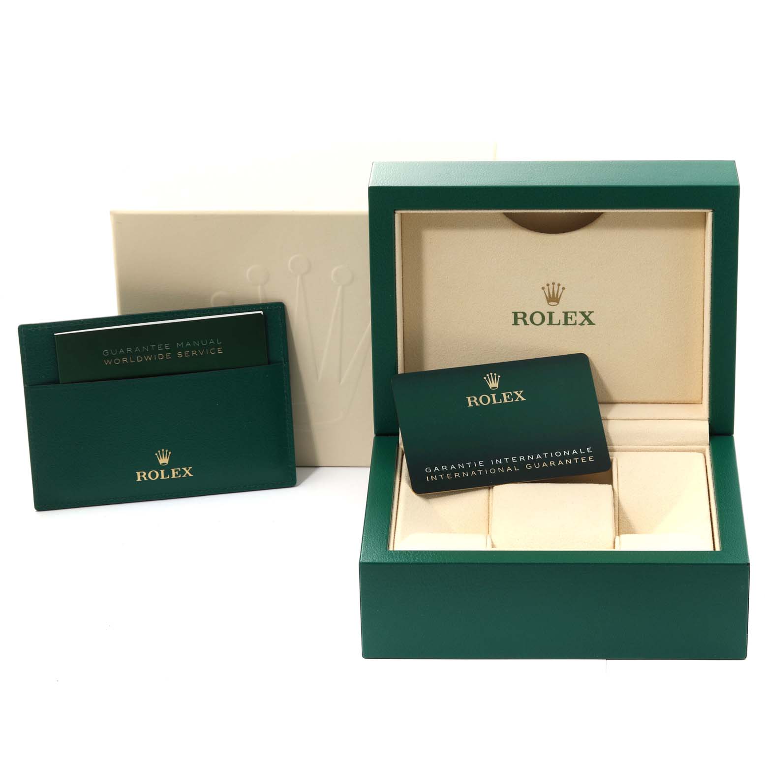 The image shows the packaging, warranty card, and worldwide service manual for a Rolex Datejust 41 126300 Men's Stainless Steel Green Dial 126300 Men's Stainless Steel Green Dial watch.