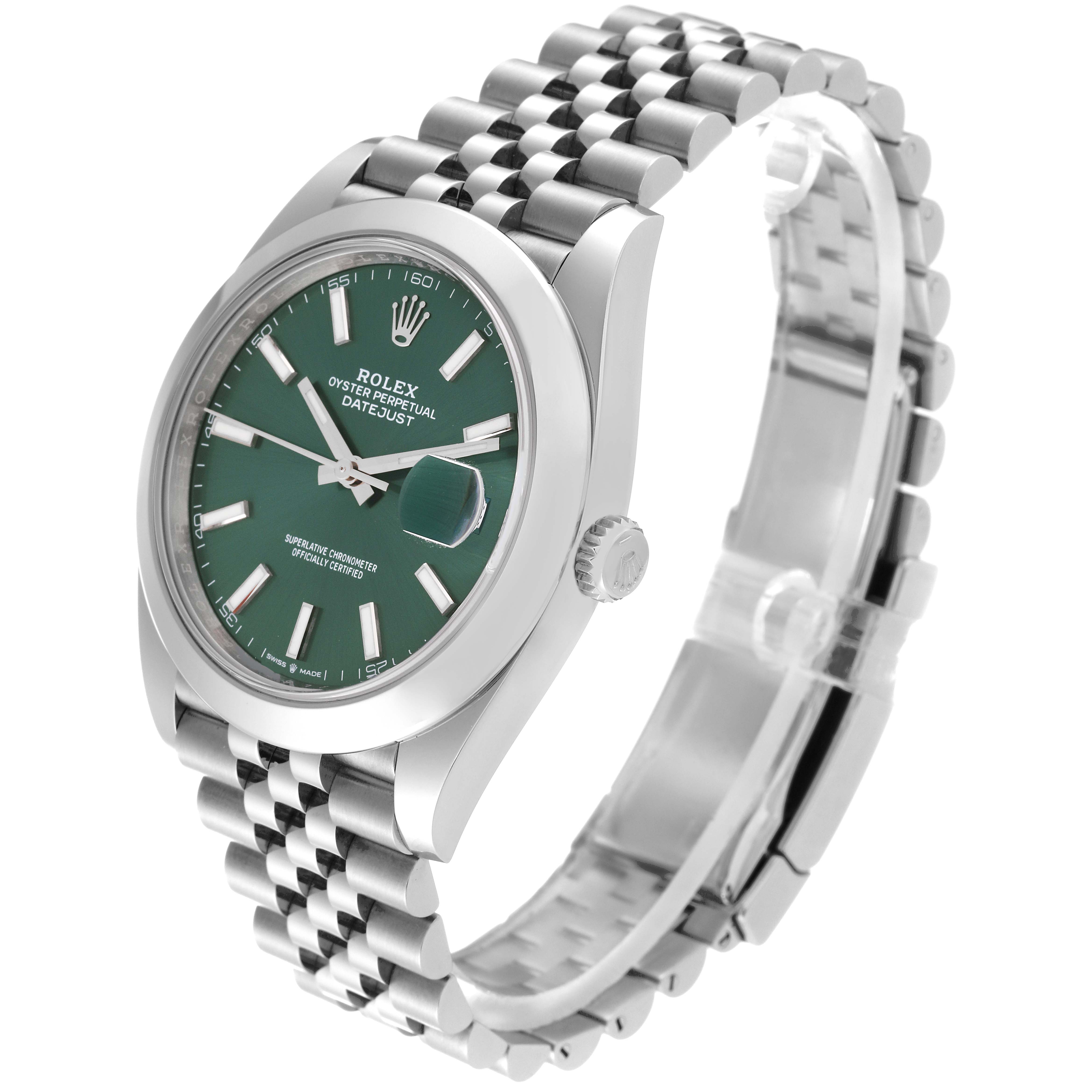 The image shows a Rolex Datejust 41 126300 Men's Stainless Steel Green Dial 126300 Men's Stainless Steel Green Dial model watch at a three-quarter angle, highlighting the green dial, date magnifier, and Jubilee bracelet.