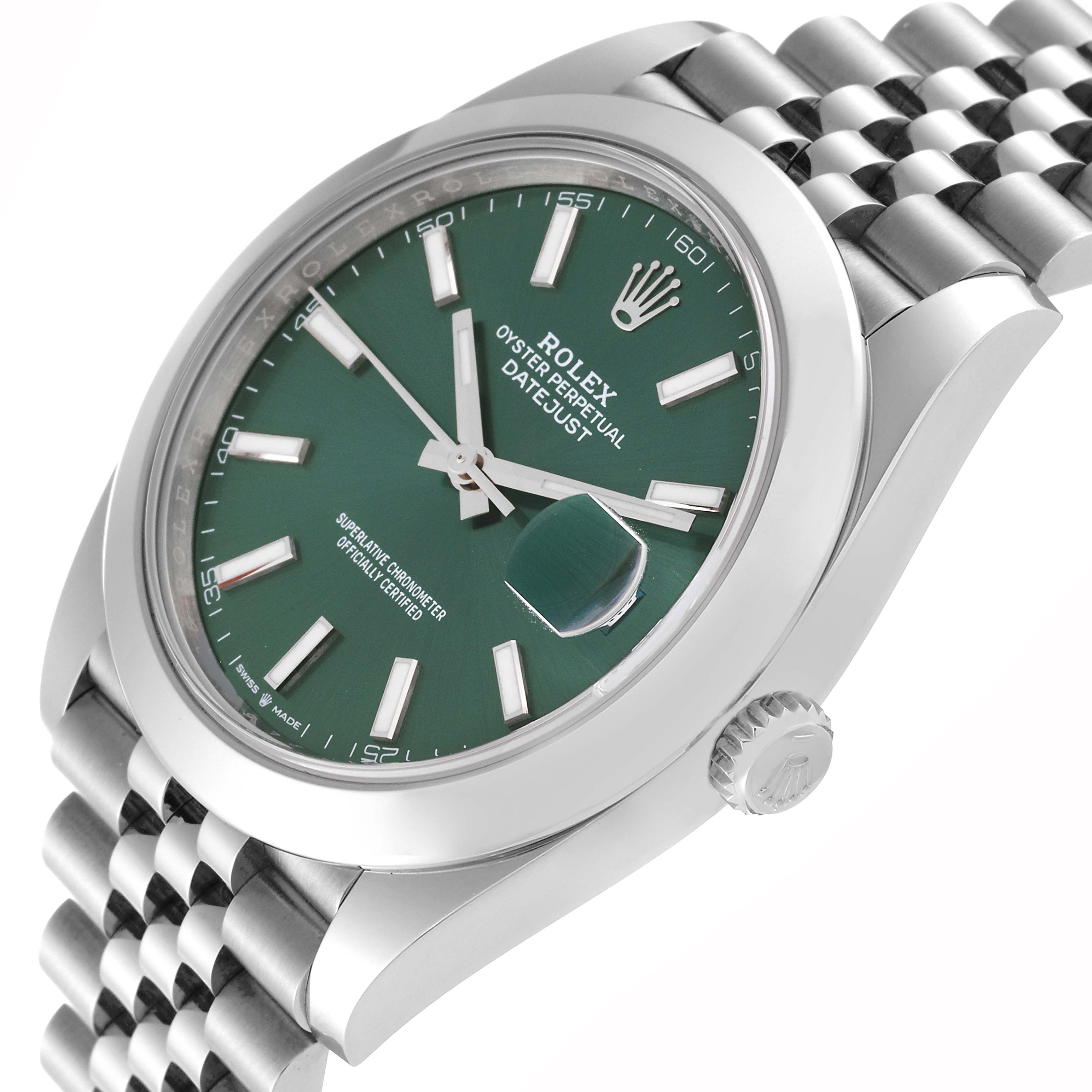 The image shows a close-up angle of a Rolex Datejust 41 126300 Men's Stainless Steel Green Dial 126300 Men's Stainless Steel Green Dial watch, highlighting its green dial, bezel, crown, and bracelet.