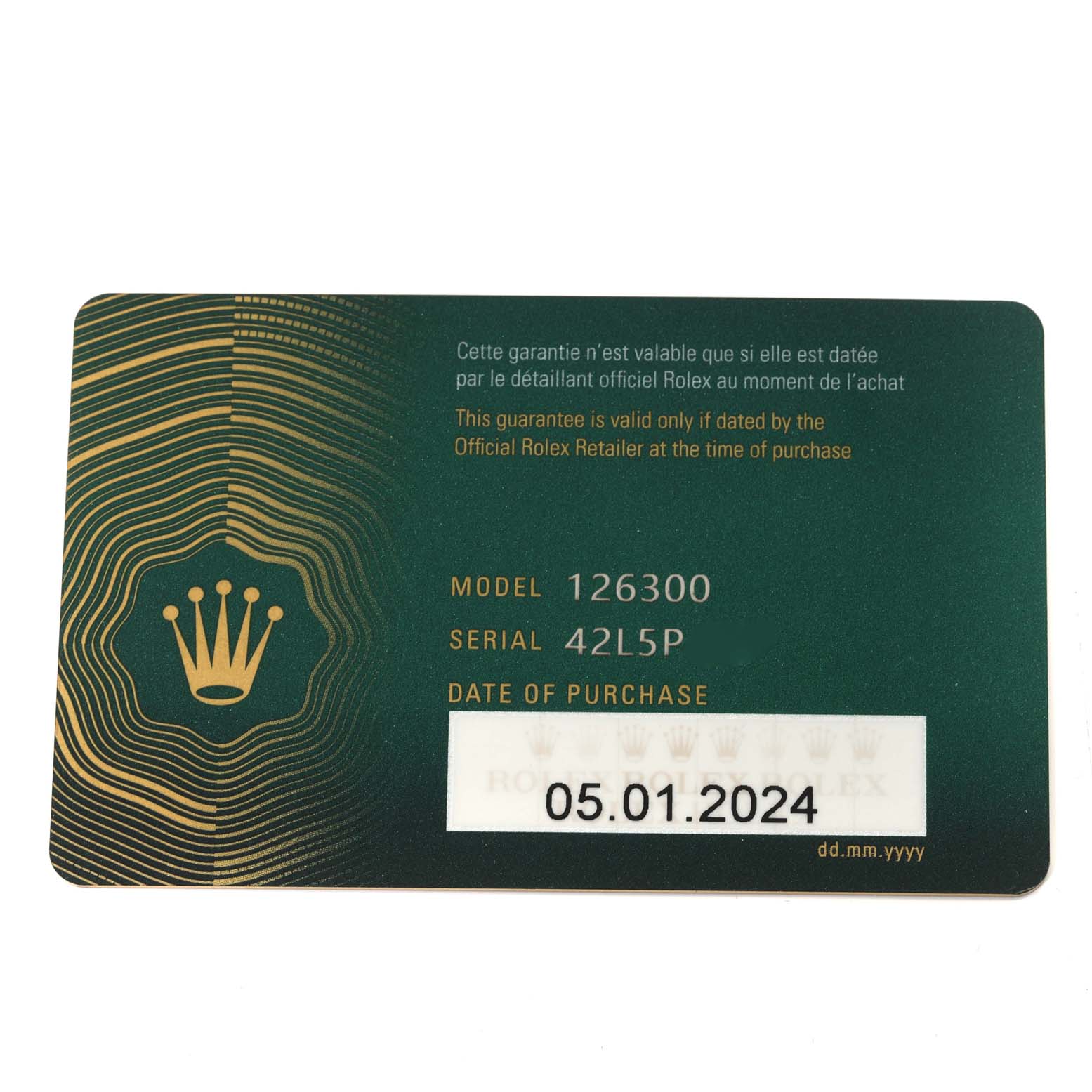 This is a warranty card for a Rolex Datejust 41 126300 Men's Stainless Steel Green Dial 126300 Men's Stainless Steel Green Dial model with model number 126300 and purchase date 05.01.2024.