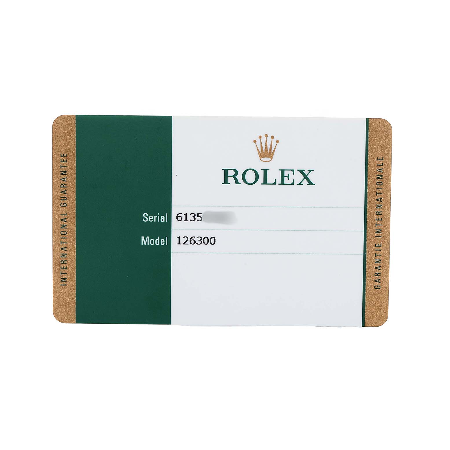 The image shows a Rolex Datejust 41 126300 Men's Stainless Steel Silver Dial international guarantee card from a top-down angle.
