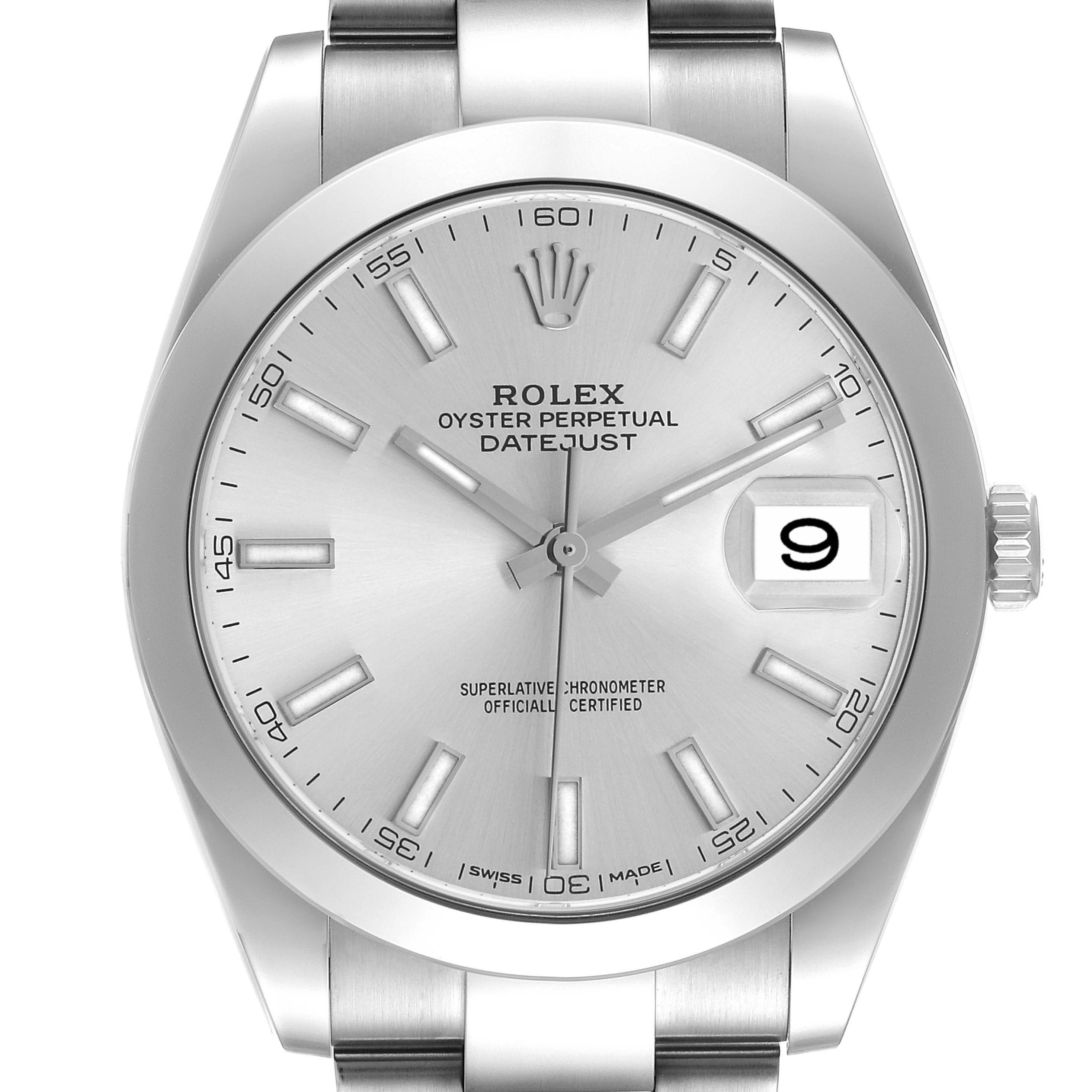 The Rolex Datejust 41 126300 Men's Stainless Steel Silver Dial watch is shown from a front angle, highlighting the dial, hour markers, and date window.
