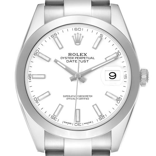 The Rolex Datejust 41 126300 Men's Stainless Steel White Dial is shown from a front view, displaying the dial, hands, bezel, and part of the bracelet.
