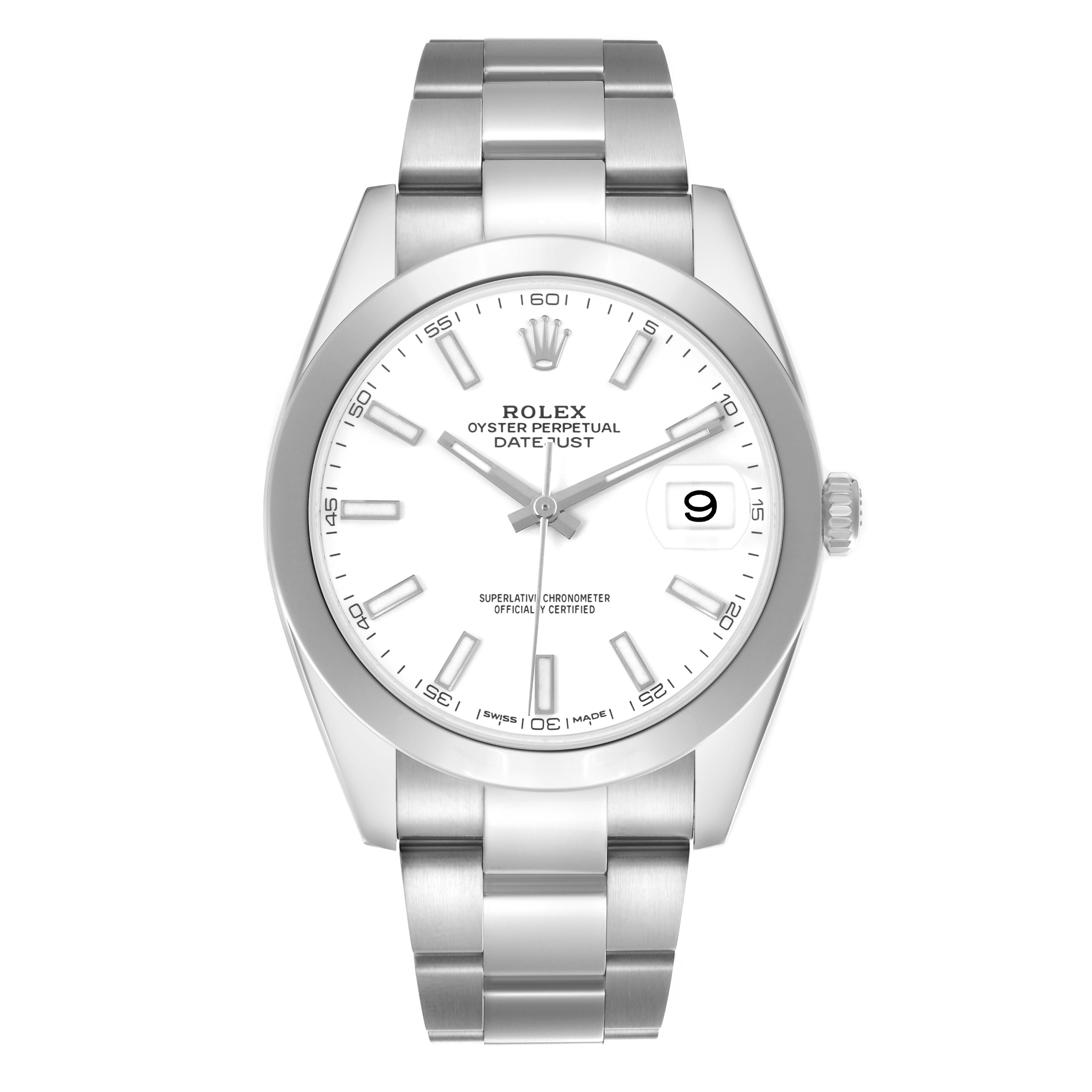 The Rolex Datejust 41 126300 Men's Stainless Steel White Dial is shown from a front angle, highlighting the dial, bezel, and bracelet.