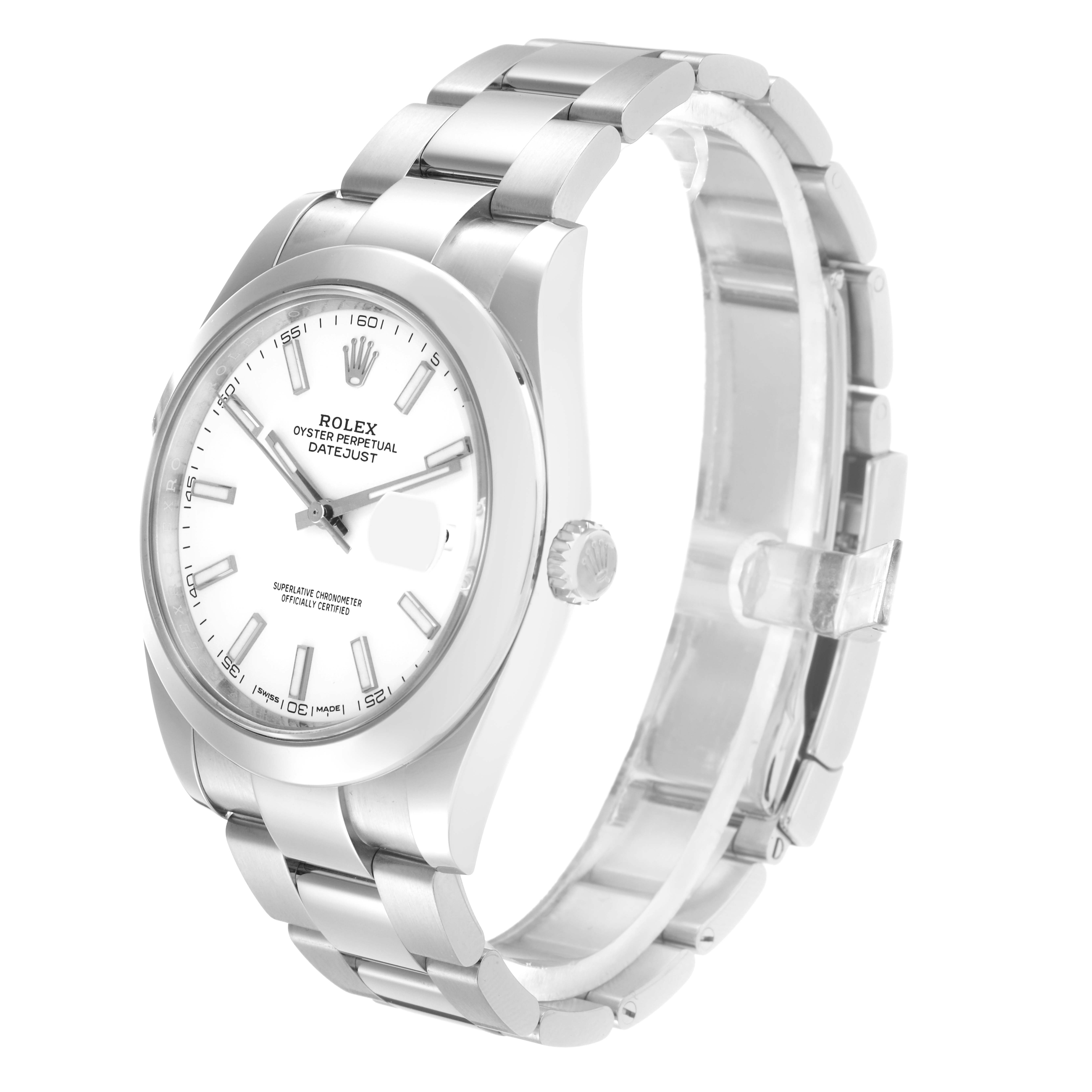The Rolex Datejust 41 126300 Men's Stainless Steel White Dial watch is shown at a three-quarter angle, highlighting the face, bezel, and bracelet.
