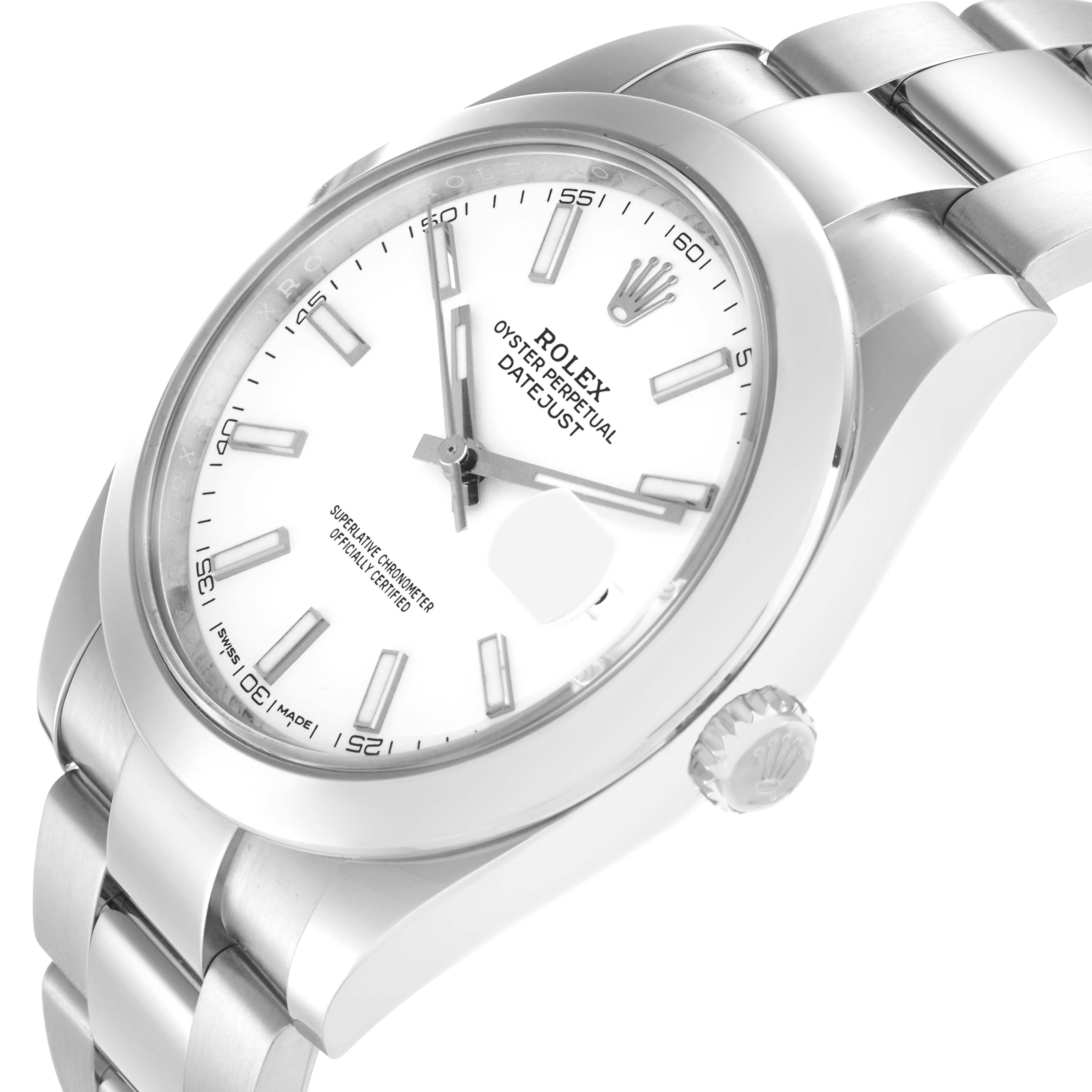 The Rolex Datejust 41 126300 Men's Stainless Steel White Dial is shown at a right-side angle, highlighting the dial, bezel, crown, and part of the bracelet.