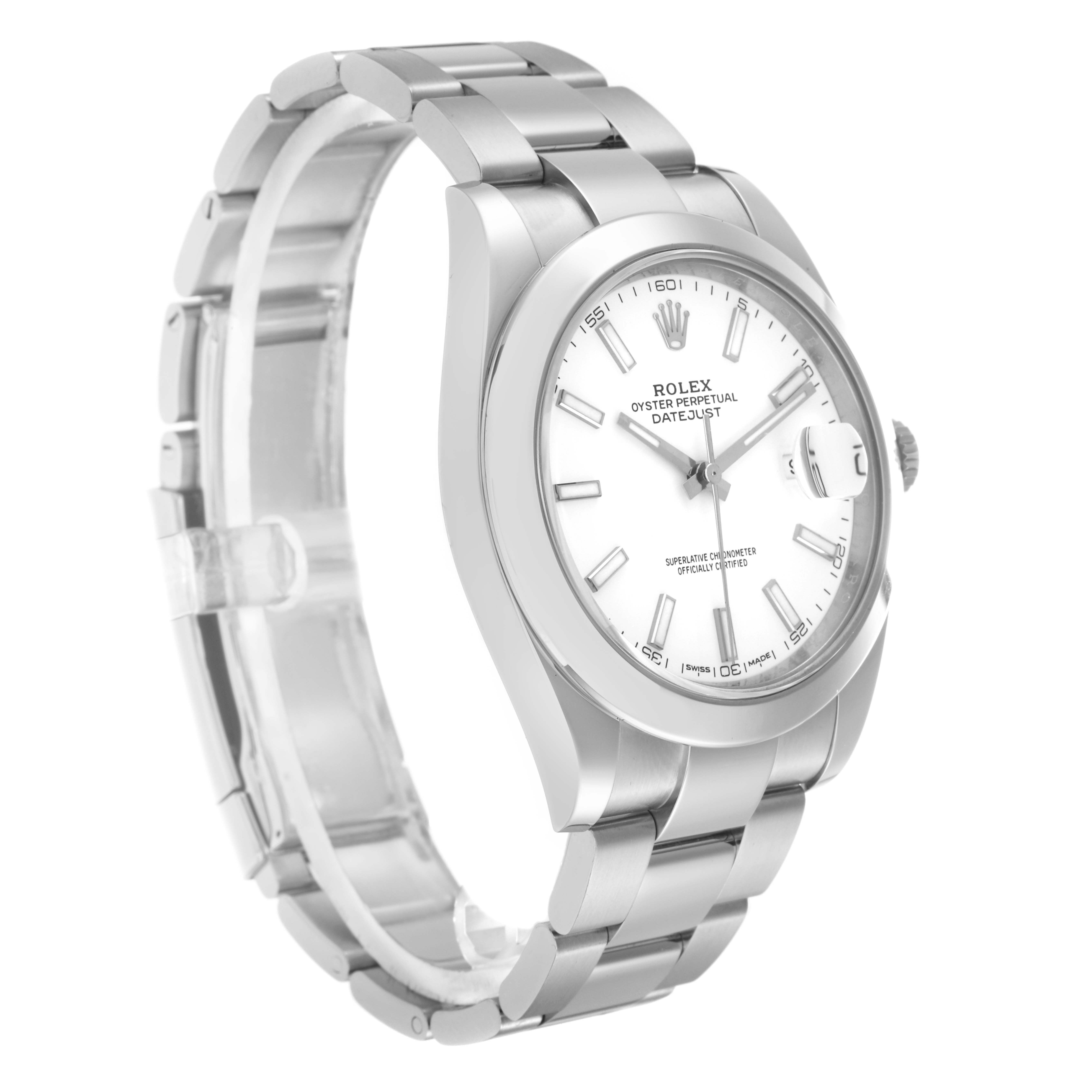The Rolex Datejust 41 126300 Men's Stainless Steel White Dial is shown at a three-quarter view, highlighting the case, bracelet, dial, and crown.