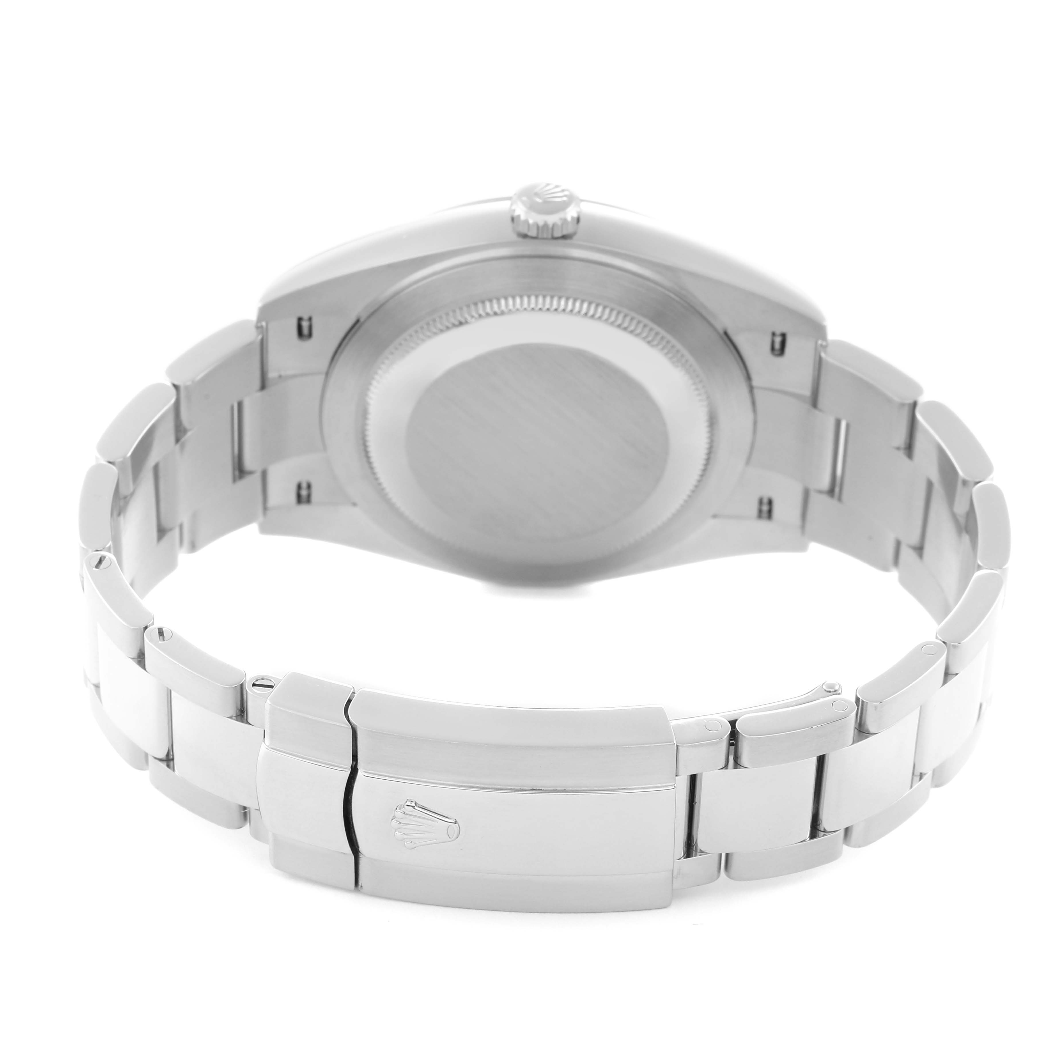 The image shows the back of the Rolex Datejust 41 126300 Men's Stainless Steel White Dial, displaying the case back, bracelet, and clasp.