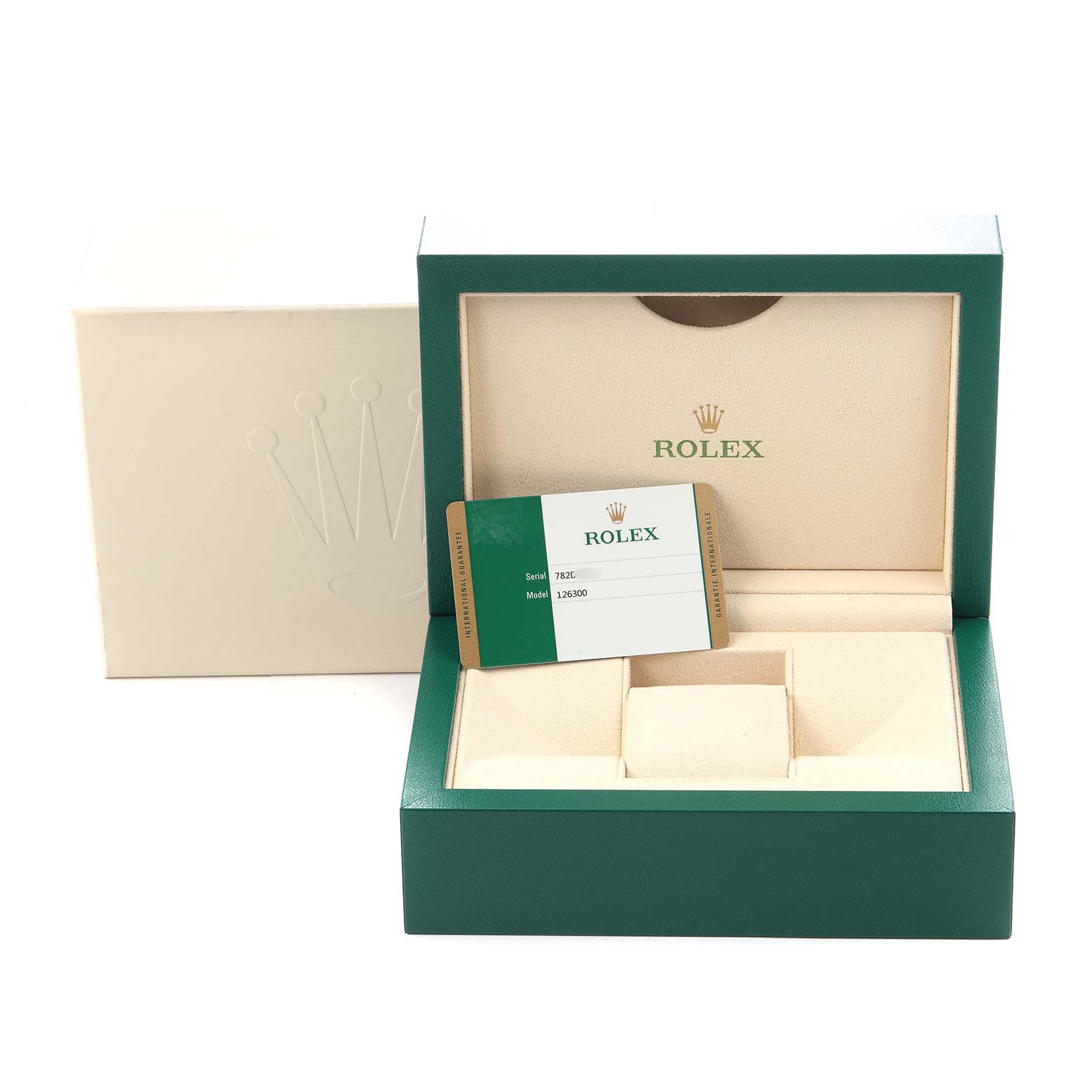 The image shows the open box of a Rolex Datejust 41 126300 Men's Stainless Steel White Dial with a card and no watch visible.