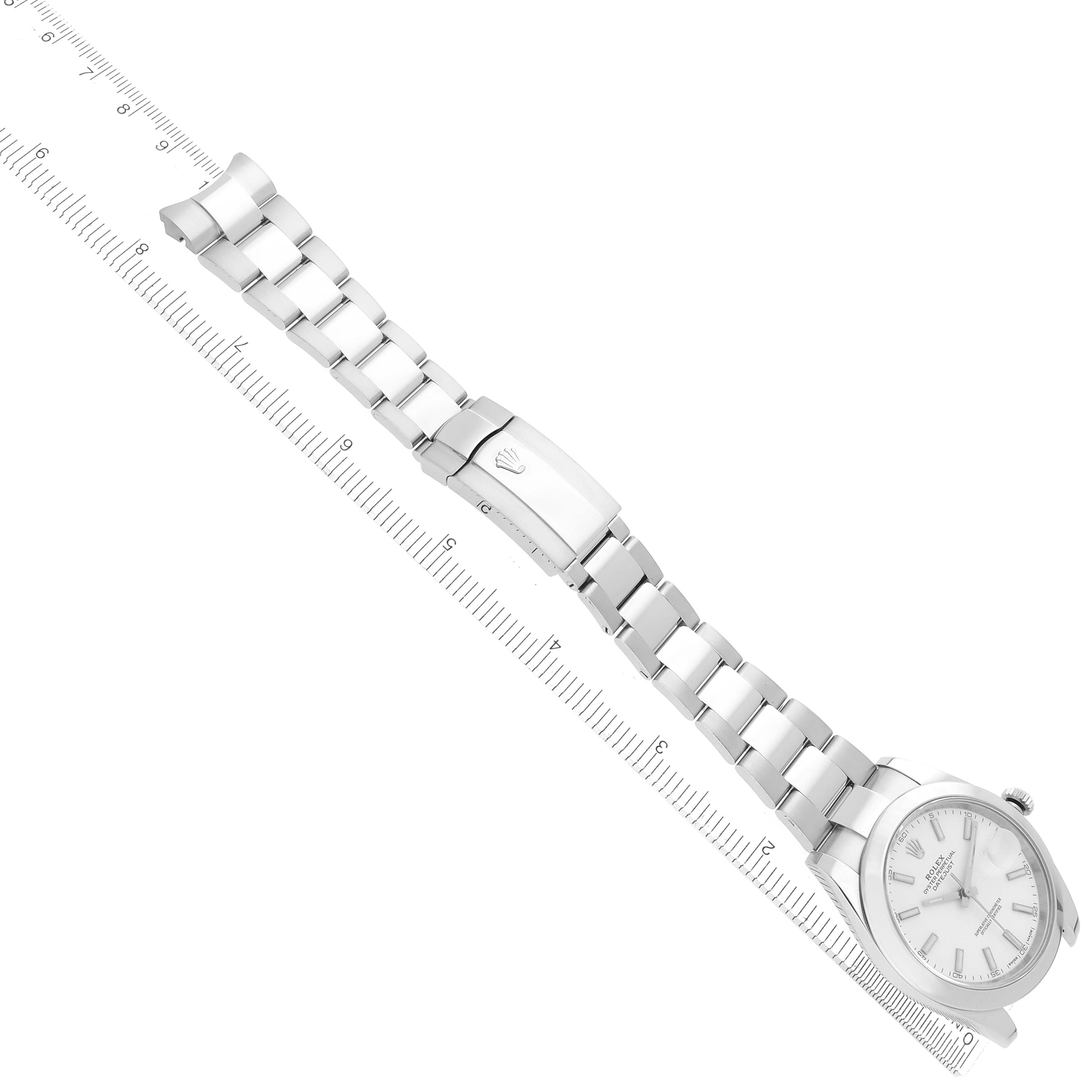 The Rolex Datejust 41 126300 Men's Stainless Steel White Dial watch is shown at an angle, highlighting the face, bracelet, and clasp with a ruler for scale.