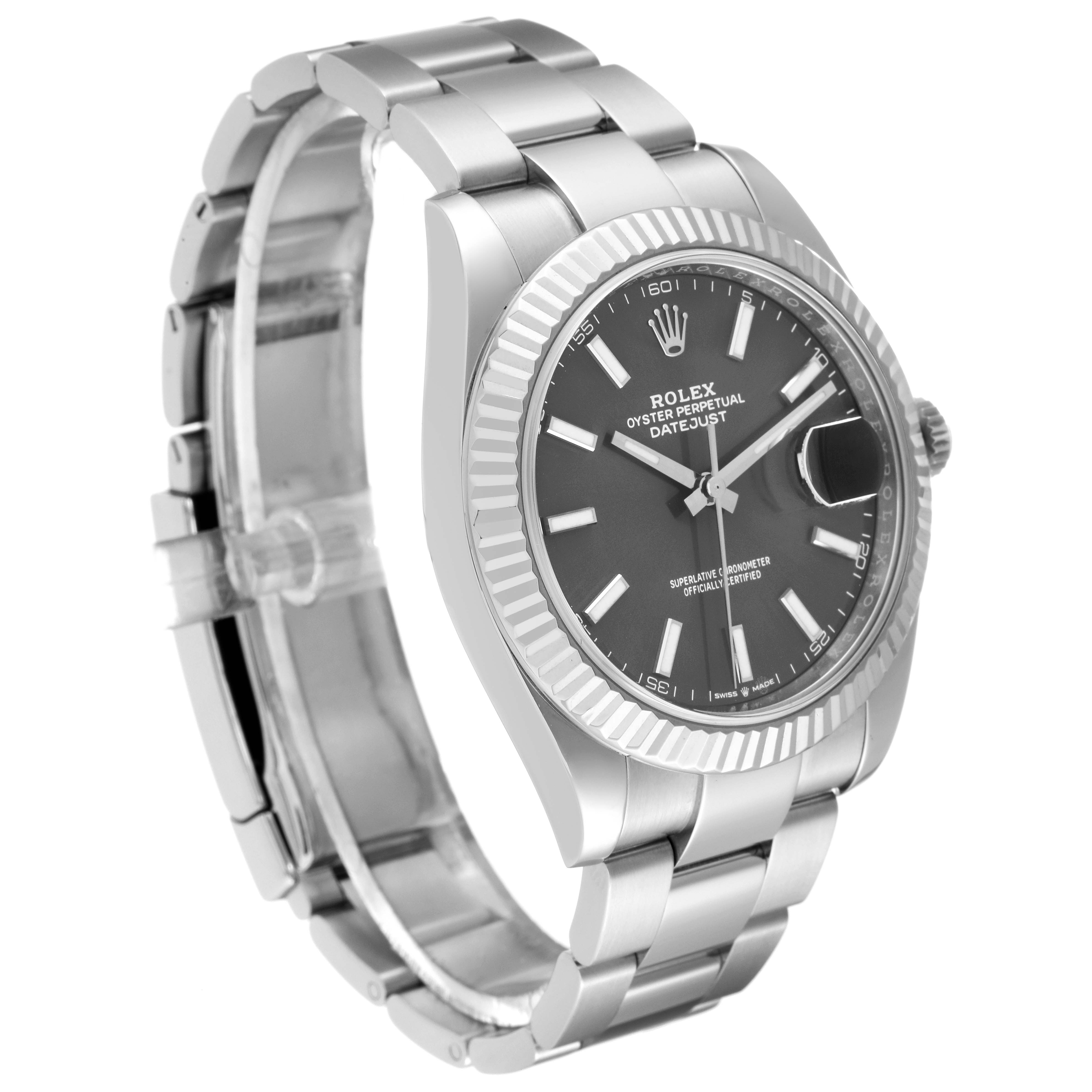 The Rolex Datejust 41 126334 Men's Stainless Steel Grey Dial is shown at an oblique angle, displaying the face, fluted bezel, and stainless steel bracelet.