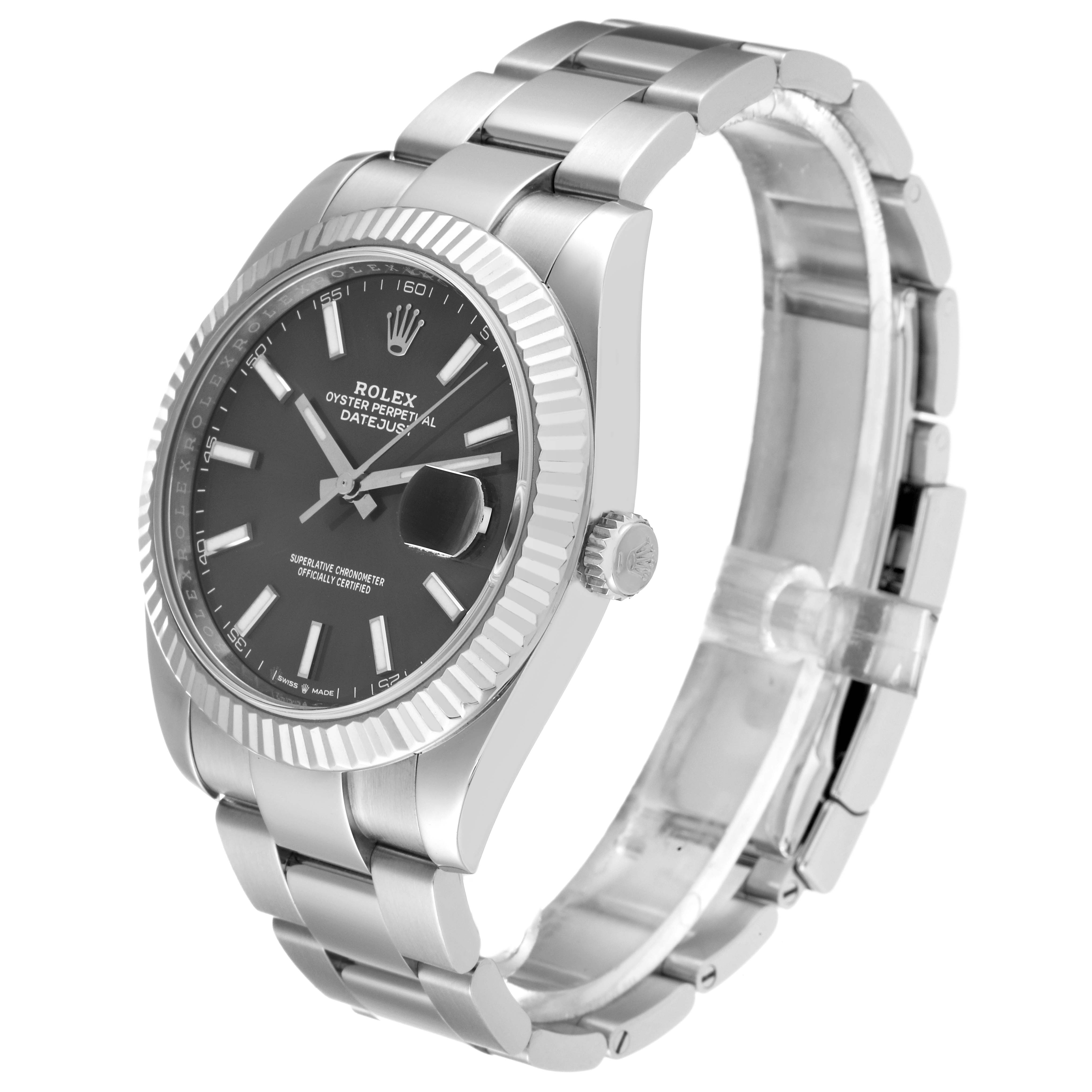 The Rolex Datejust 41 126334 Men's Stainless Steel Grey Dial watch is shown at an angled side view, displaying the face, fluted bezel, and bracelet.