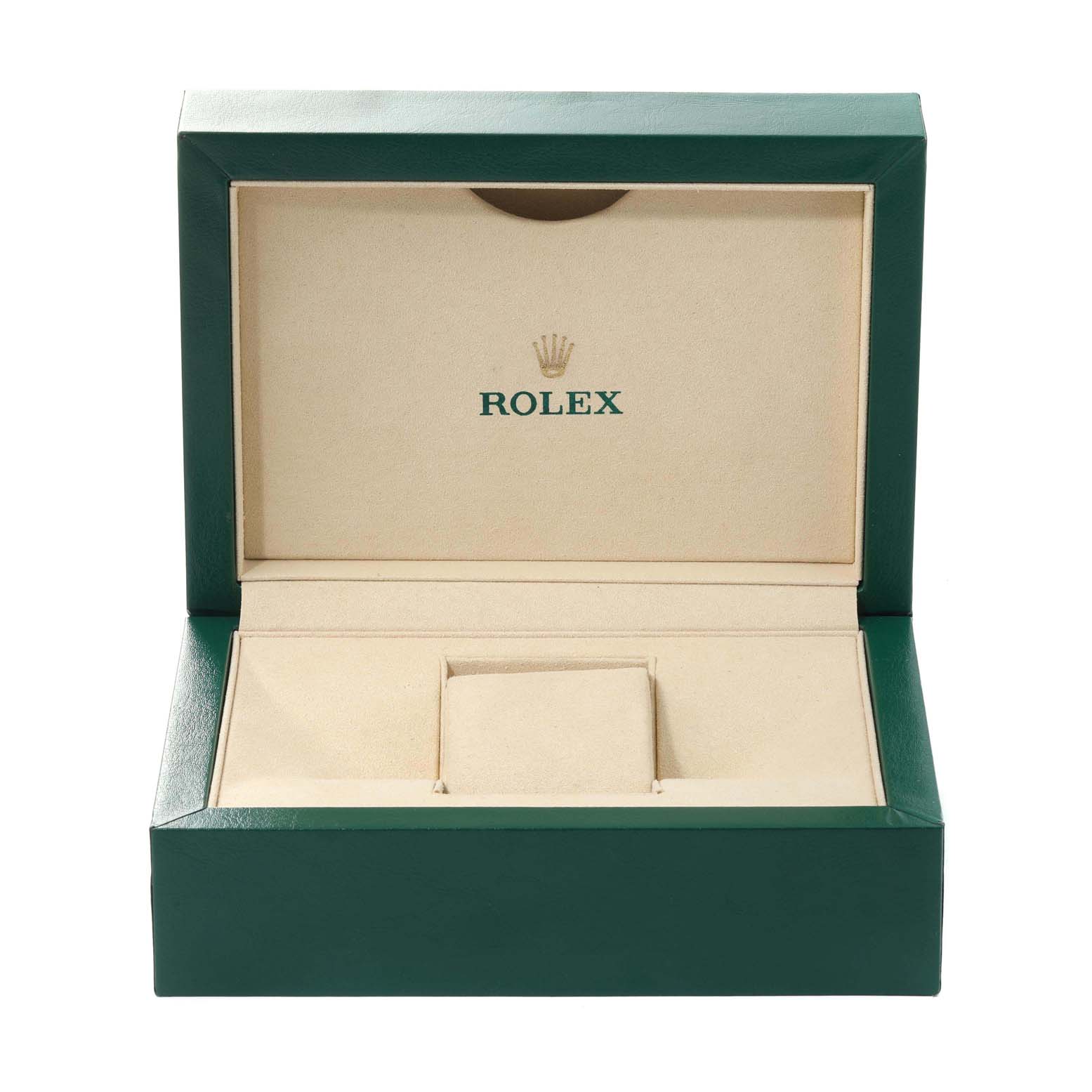 The image shows an open green and beige Rolex box for the Datejust 41 model, without the watch inside.