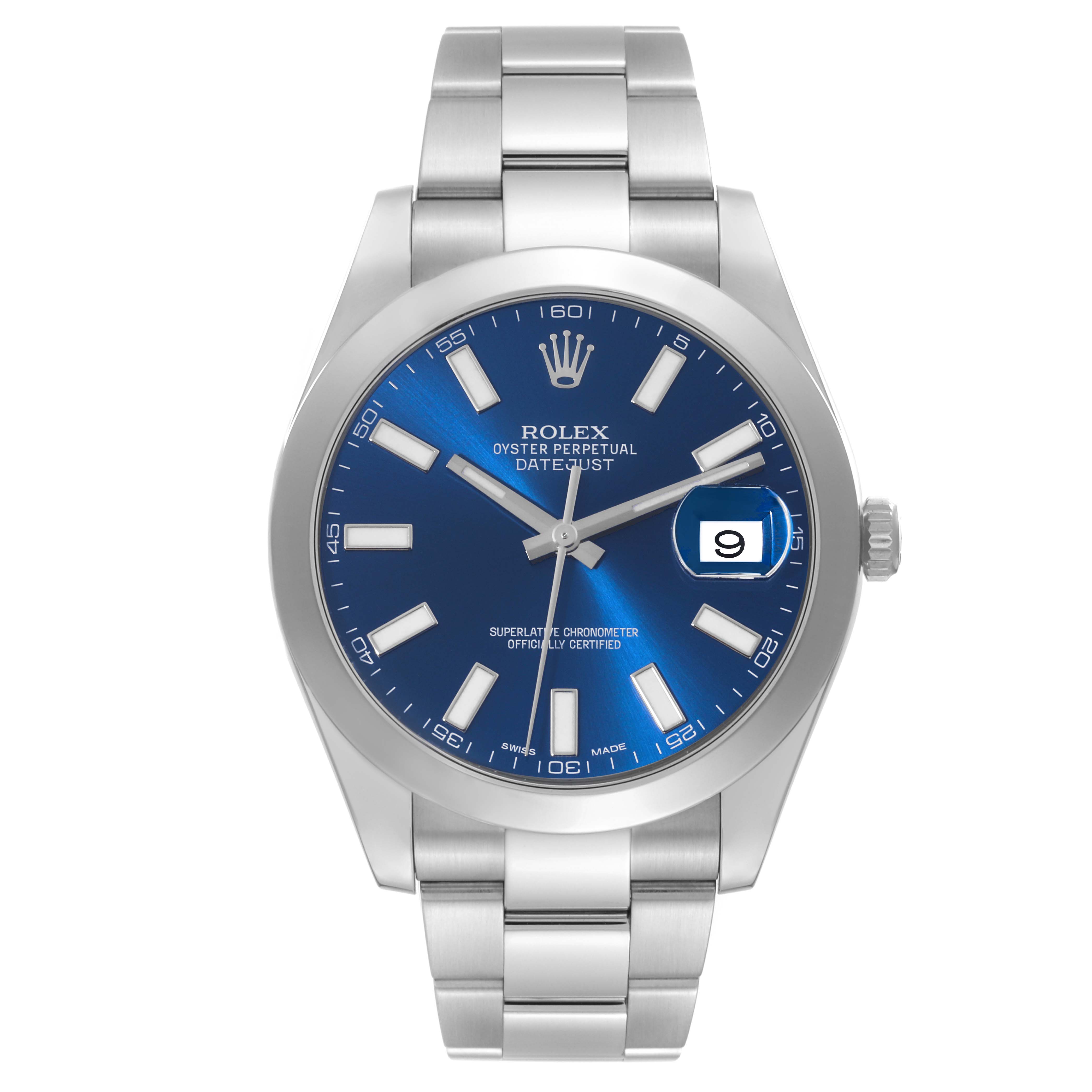 The image shows a front view of the Rolex Datejust 41 116300 Men
s Stainless Steel Blue Dial 116300 Men
s Stainless Steel Blue Dial watch, displaying its blue dial, date window, and stainless steel bracelet.