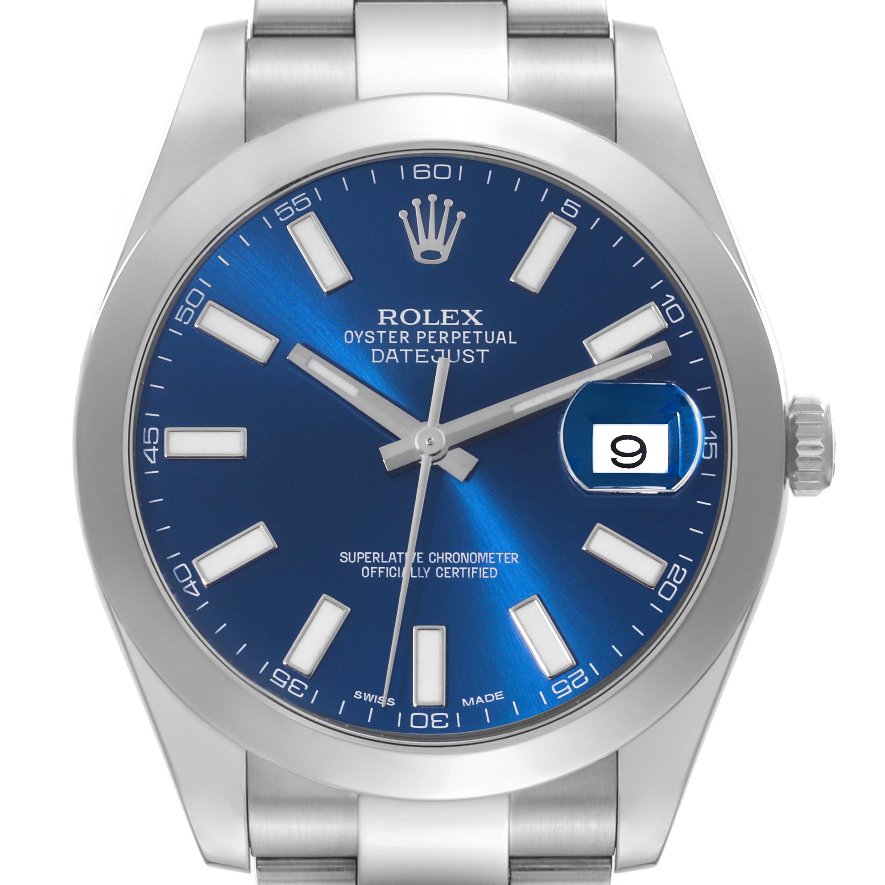 The Rolex Datejust 41 116300 Men
s Stainless Steel Blue Dial 116300 Men
s Stainless Steel Blue Dial watch is shown from a front angle, displaying its blue dial, date window, and stainless steel bracelet.
