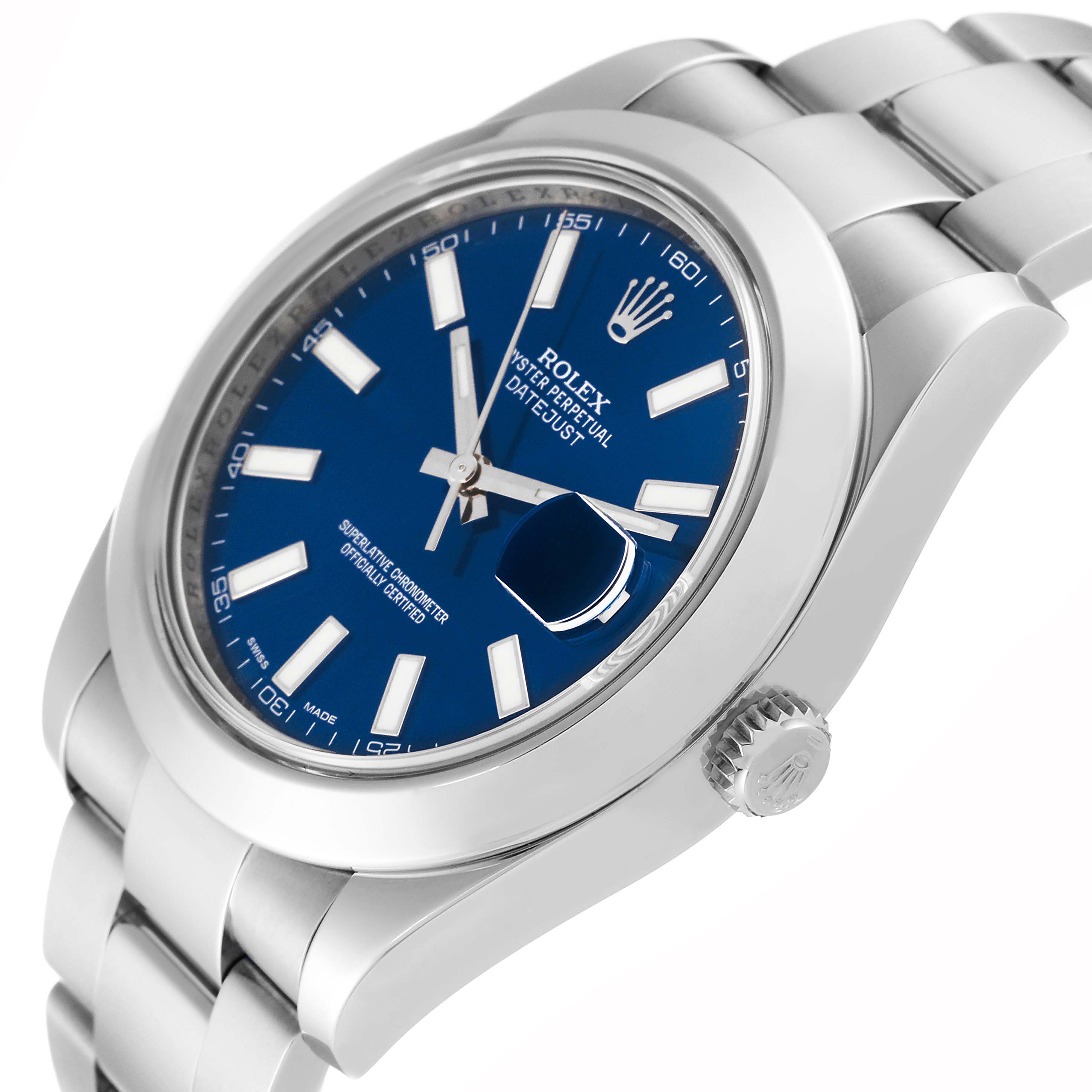 The image shows a side angle of the Rolex Datejust 41 116300 Men
s Stainless Steel Blue Dial 116300 Men
s Stainless Steel Blue Dial watch, highlighting the case, crown, and part of the bracelet.