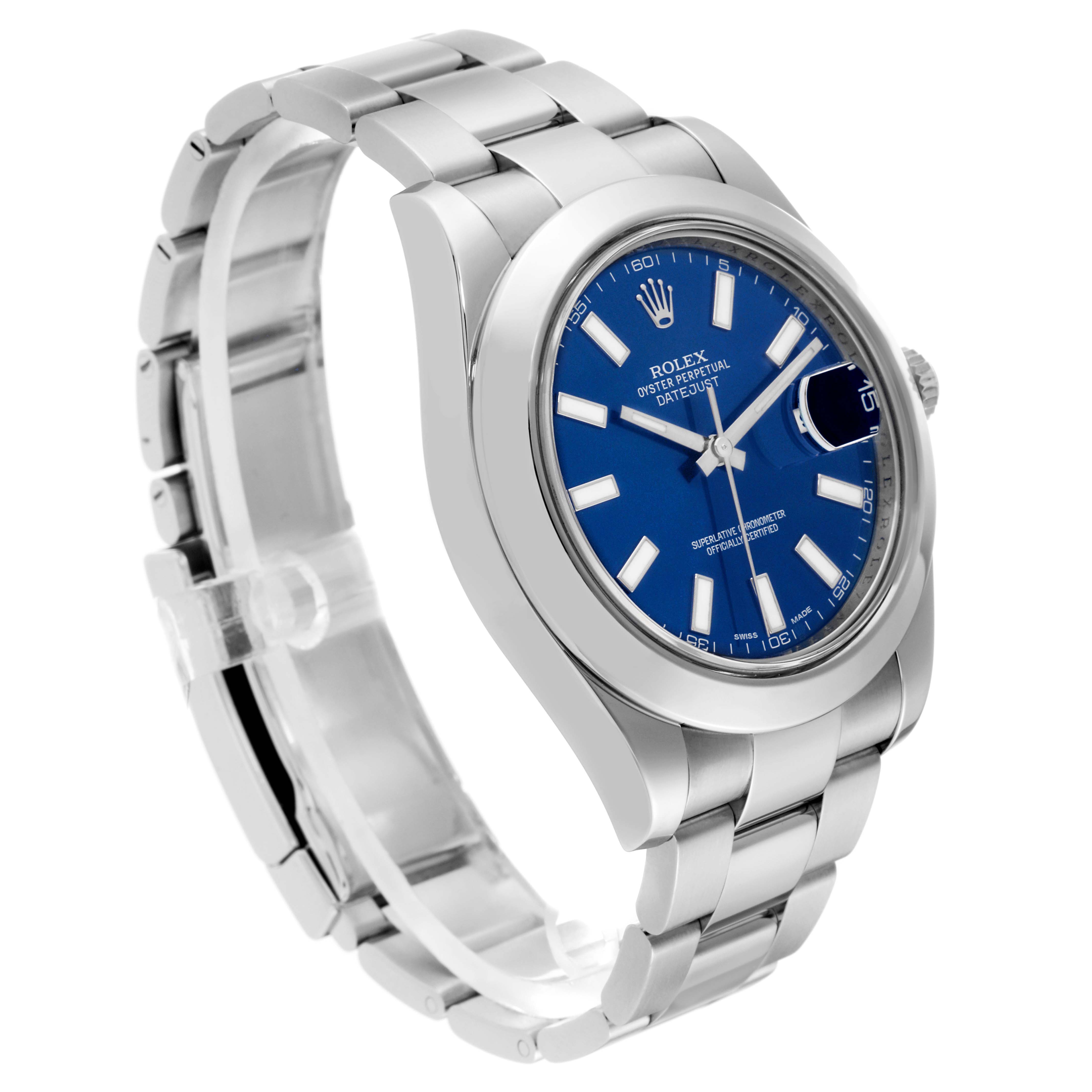 This Rolex Datejust 41 116300 Men
s Stainless Steel Blue Dial 116300 Men
s Stainless Steel Blue Dial watch is shown from an oblique angle, clearly displaying its blue dial, bezel, and stainless steel bracelet.