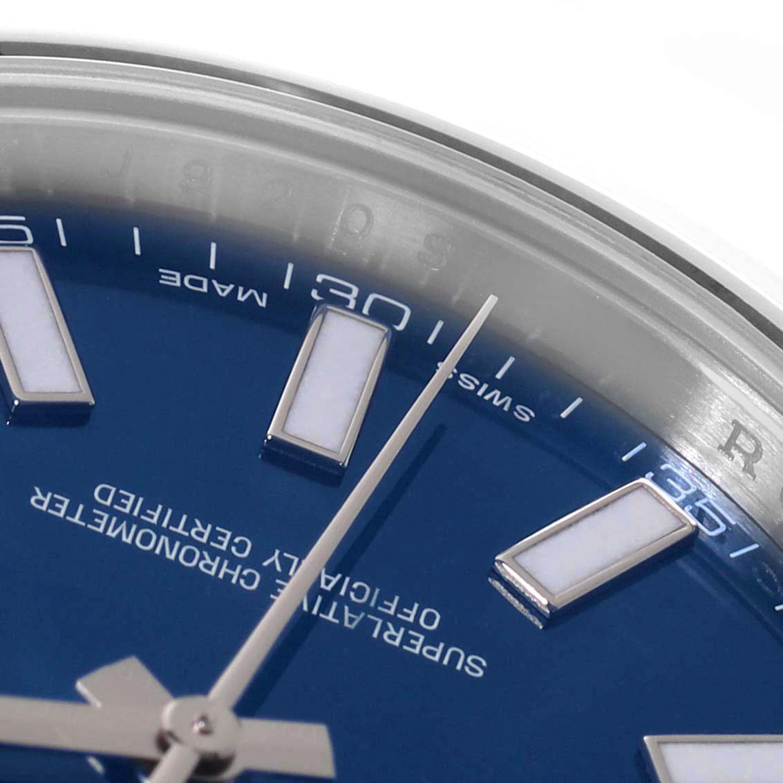 This image shows a close-up of the dial and indices of the Rolex Datejust 41 116300 Men
s Stainless Steel Blue Dial 116300 Men
s Stainless Steel Blue Dial watch, focusing on the hour markers and minute track.