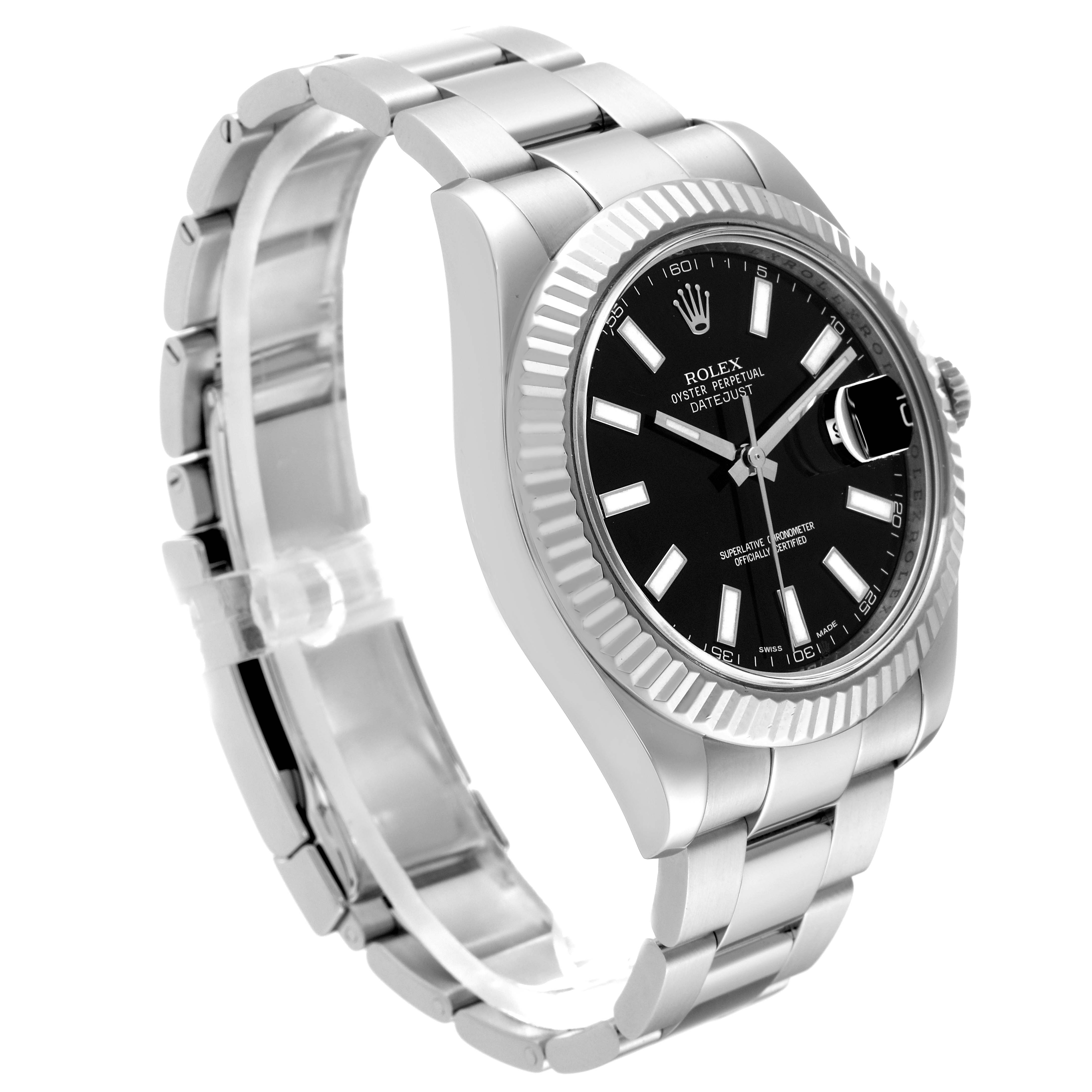 The image shows a Rolex Datejust 41 116334 Men
s Stainless Steel Black Dial 116334 Men
s Stainless Steel Black Dial from a left-side angle, highlighting its bracelet, bezel, dial, and crown.